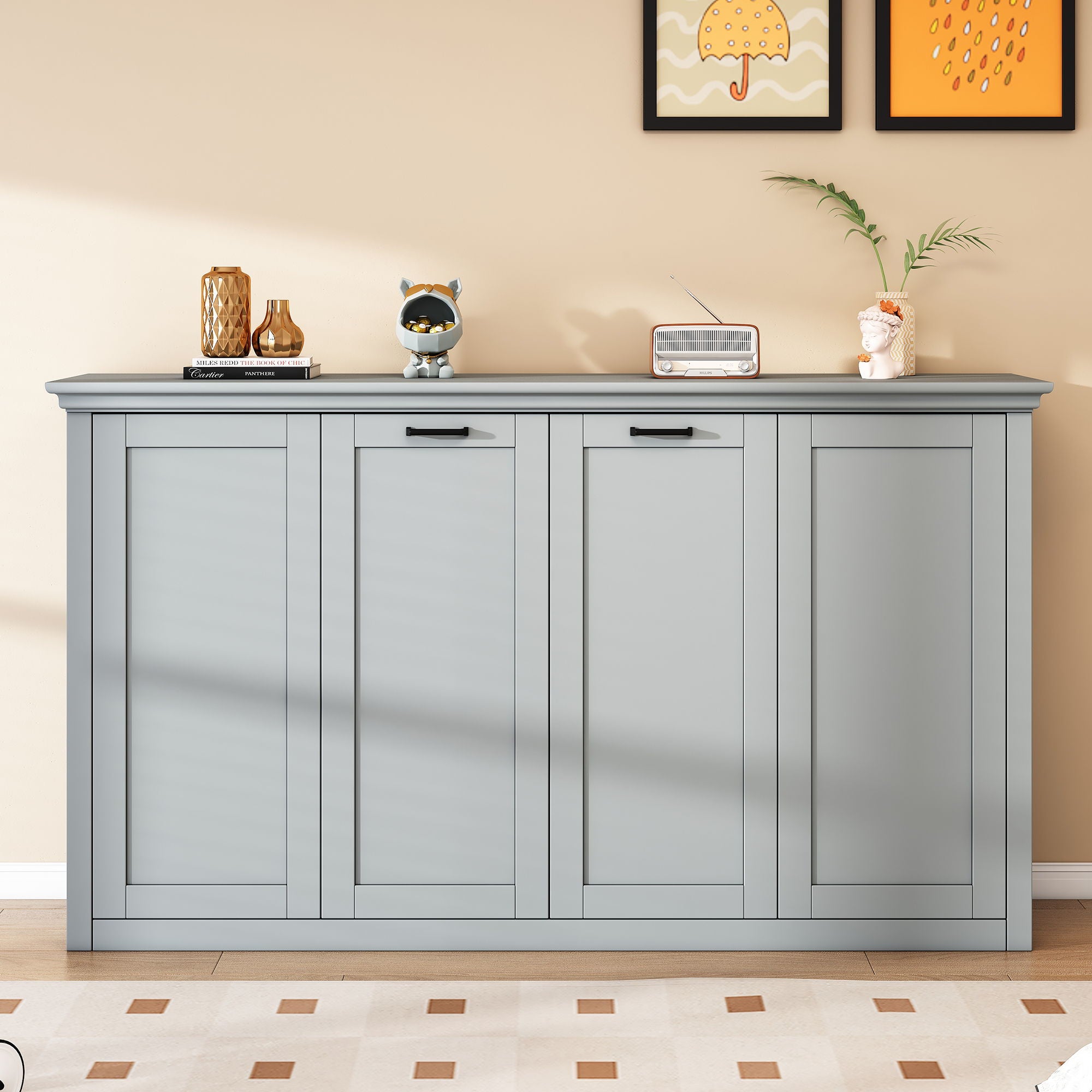 Twin Size Murphy Bed With Cabinet Storage - Gray