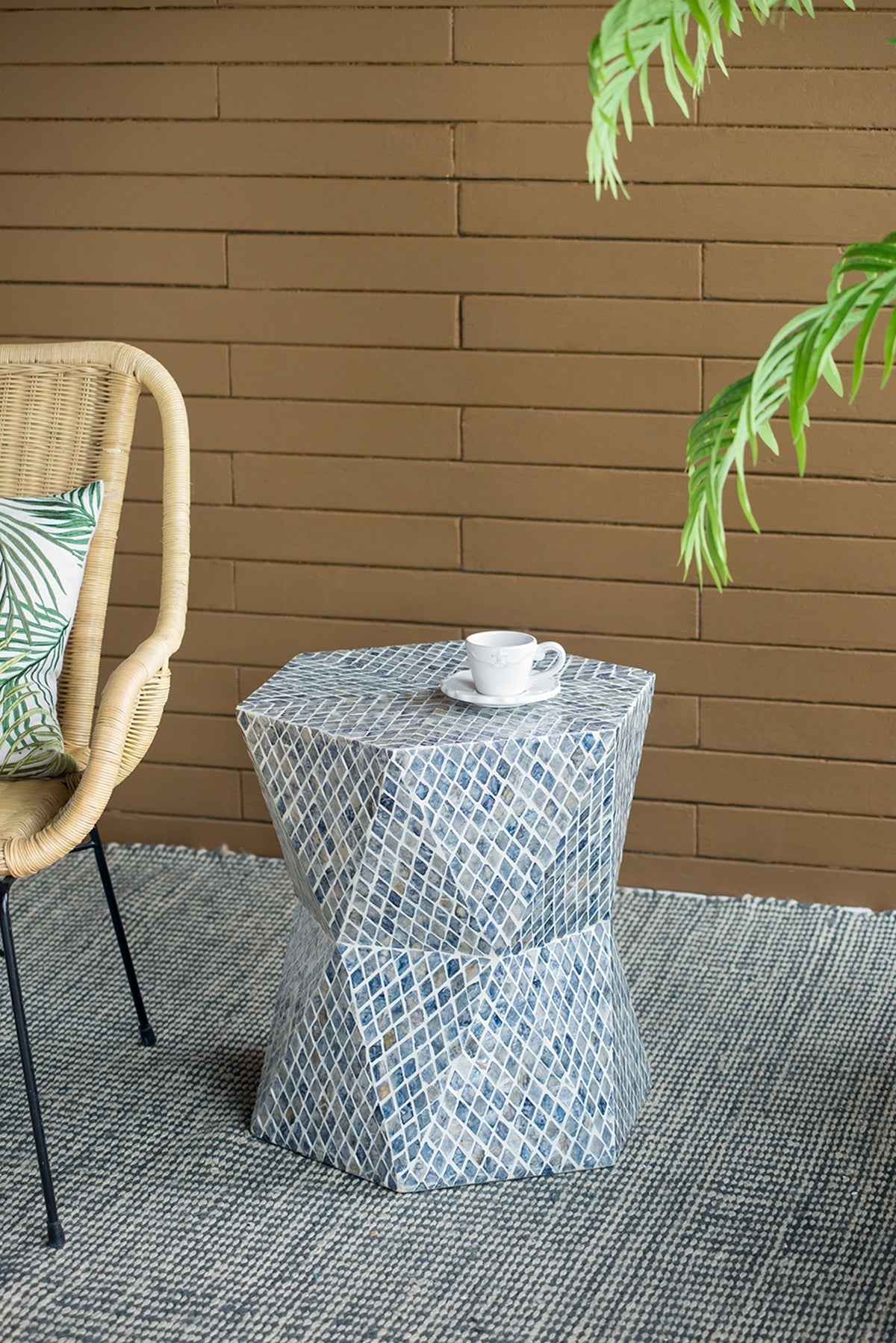 19x19x20" Tapered Blue Garden Capiz Stool, Accent Side Table