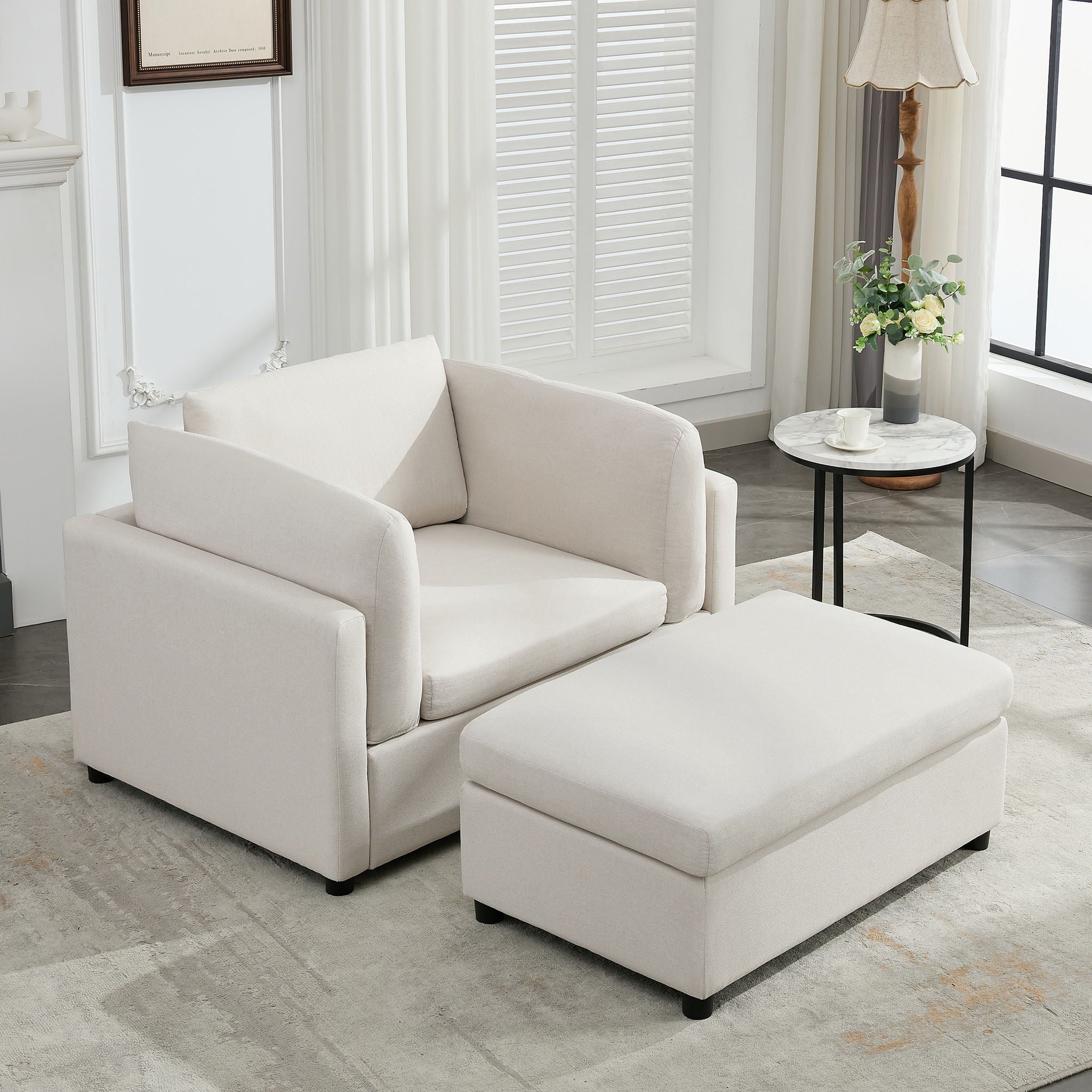 Wide Modern Oversized Armchair With Ottoman Stool, Single Sofa With Lumbar Support, Accent Chair
