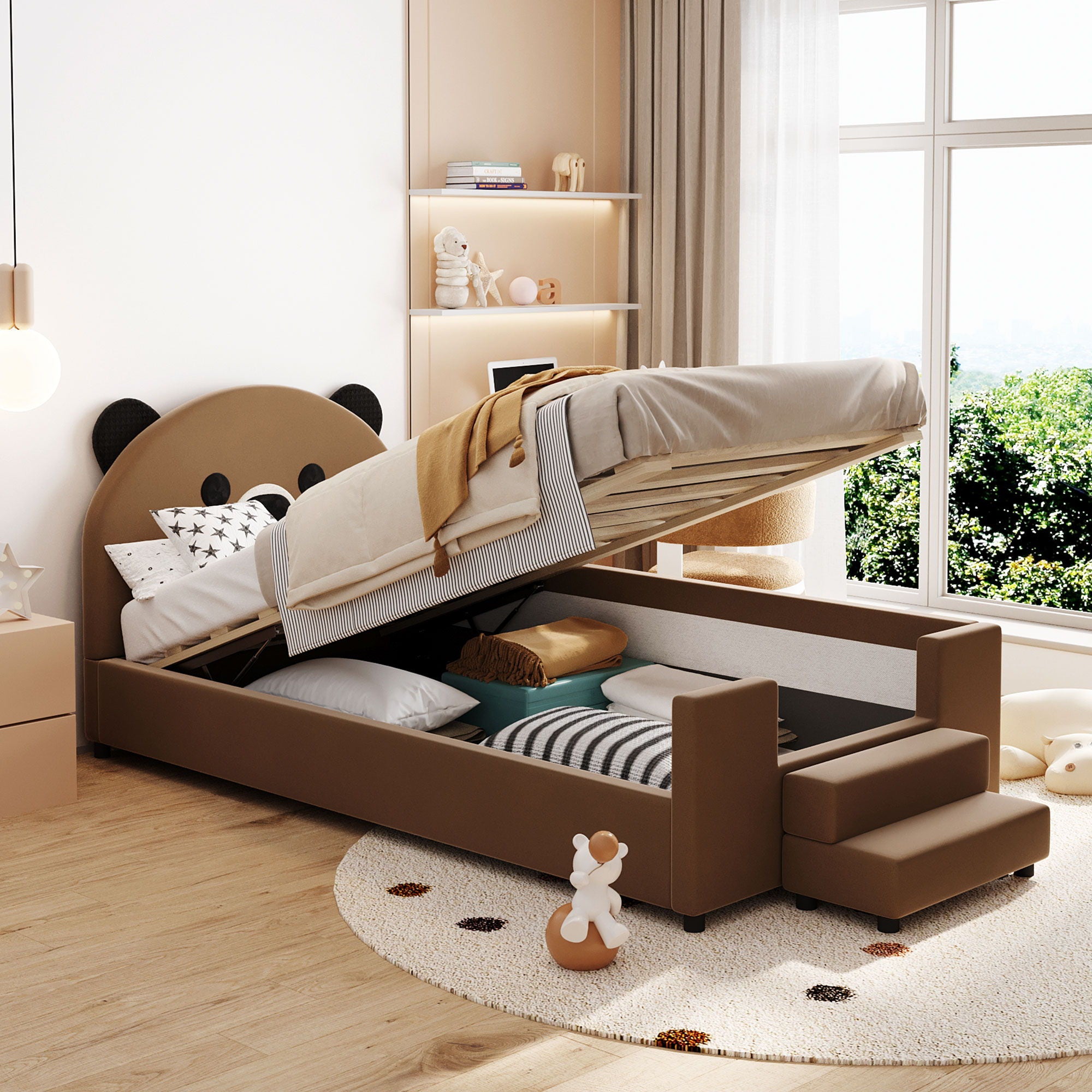 Upholstered Daybed With Bear Shaped Headboard, Hydraulic System And Breathable Mesh Fence