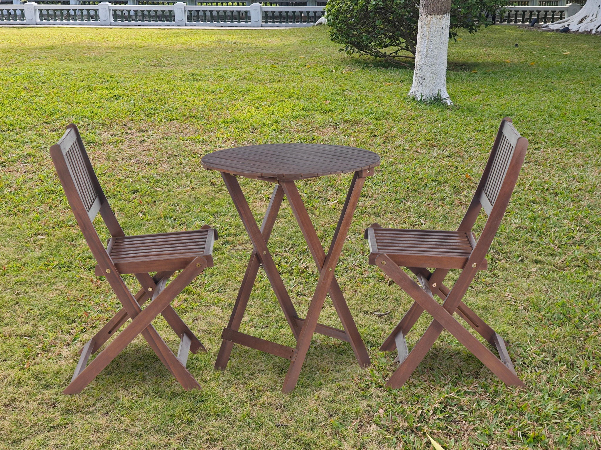3 Piece Acacia Bistro Set, Folding Patio Furniture With 1 Coffee Table And 2 Foldable Chairs