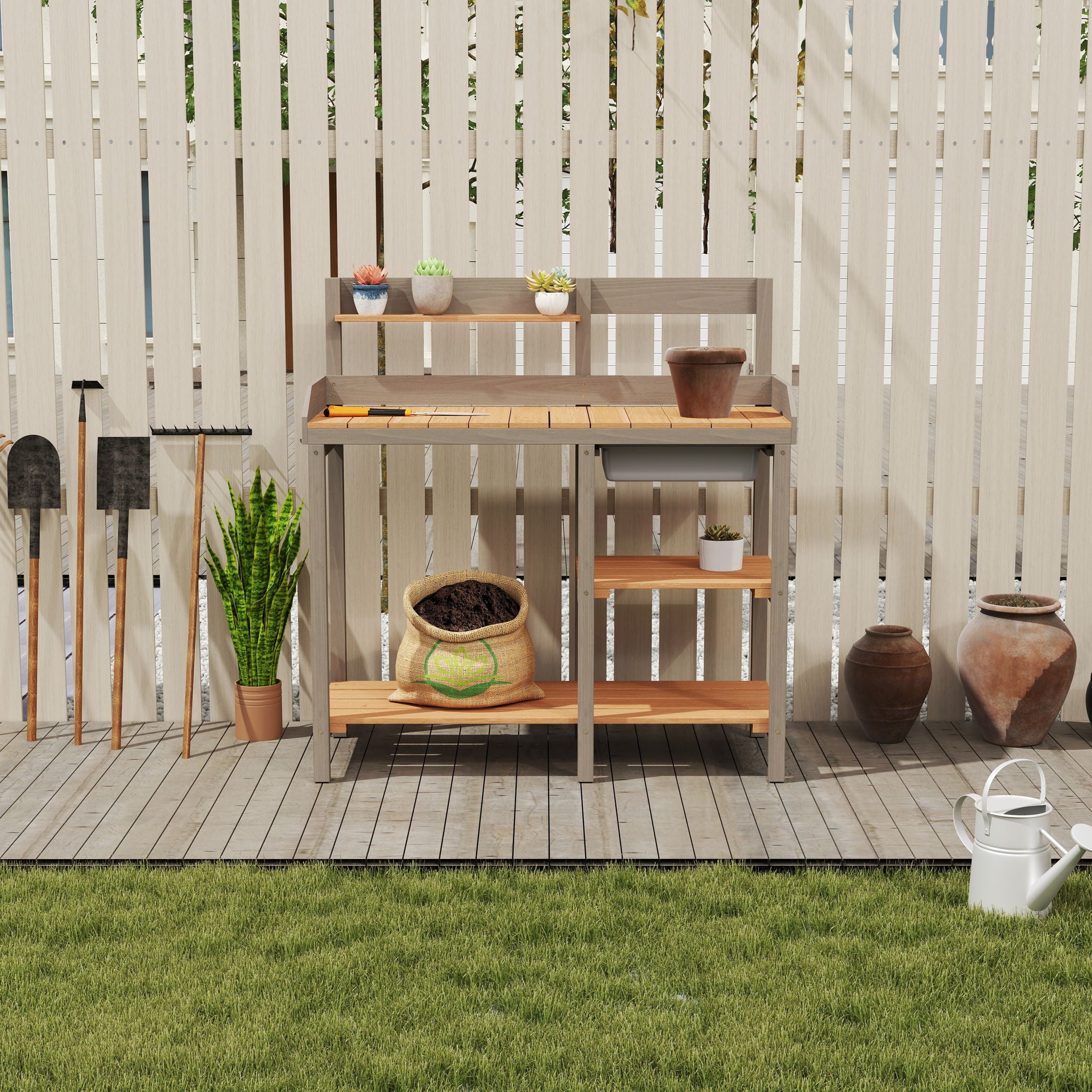 Outdoor Potting - Bench, Workstation Table With Cabinet For Backyard Garden Supplies - Gray / Brown