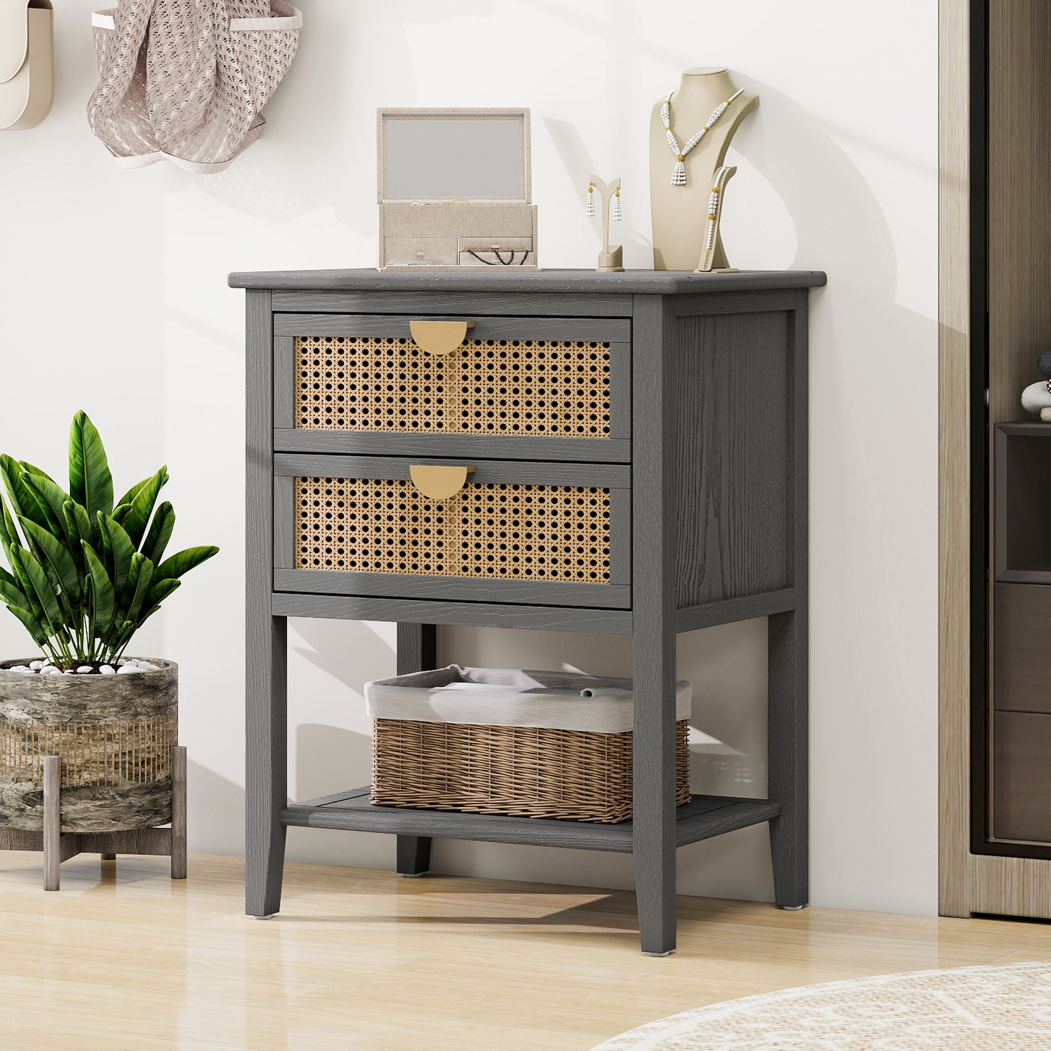 2 Drawer Side Table, Natural Rattan