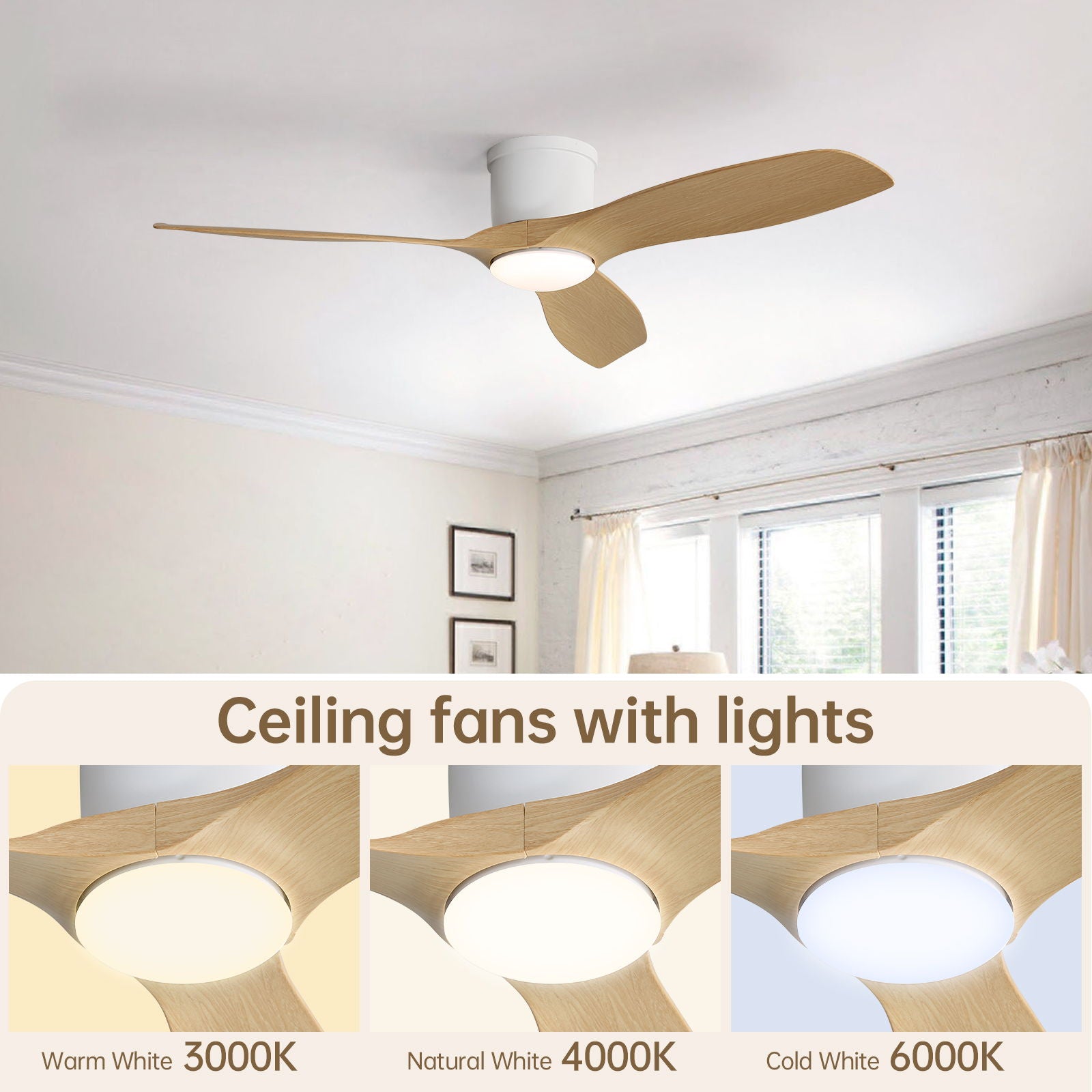 Flush Mount Ceiling Fan With Dimmable LED Light, 3 Blades, Reversible DC Motor Blades For Living Room
