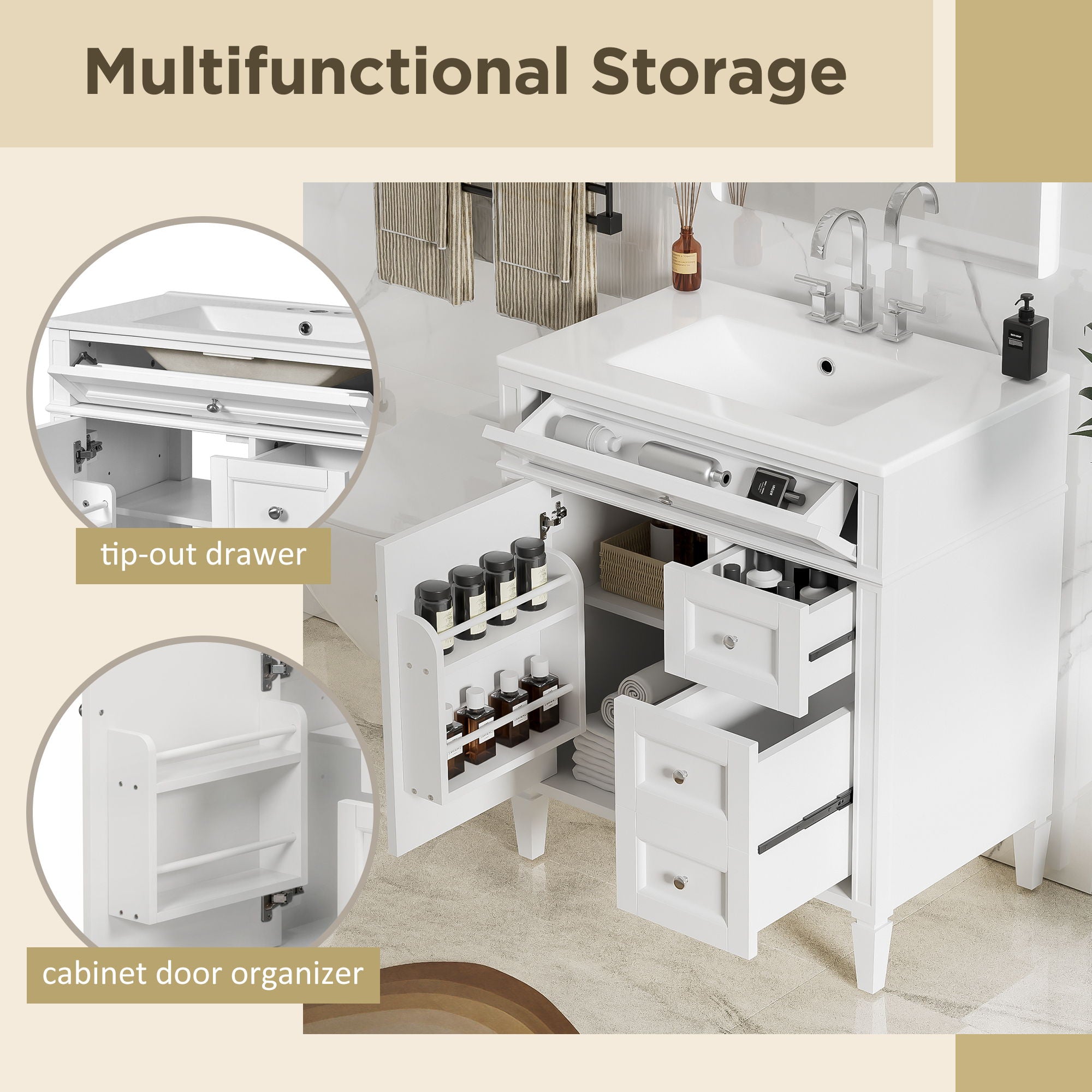Bathroom Vanity With Top Sink, 2 Drawers & Tip Out Drawer