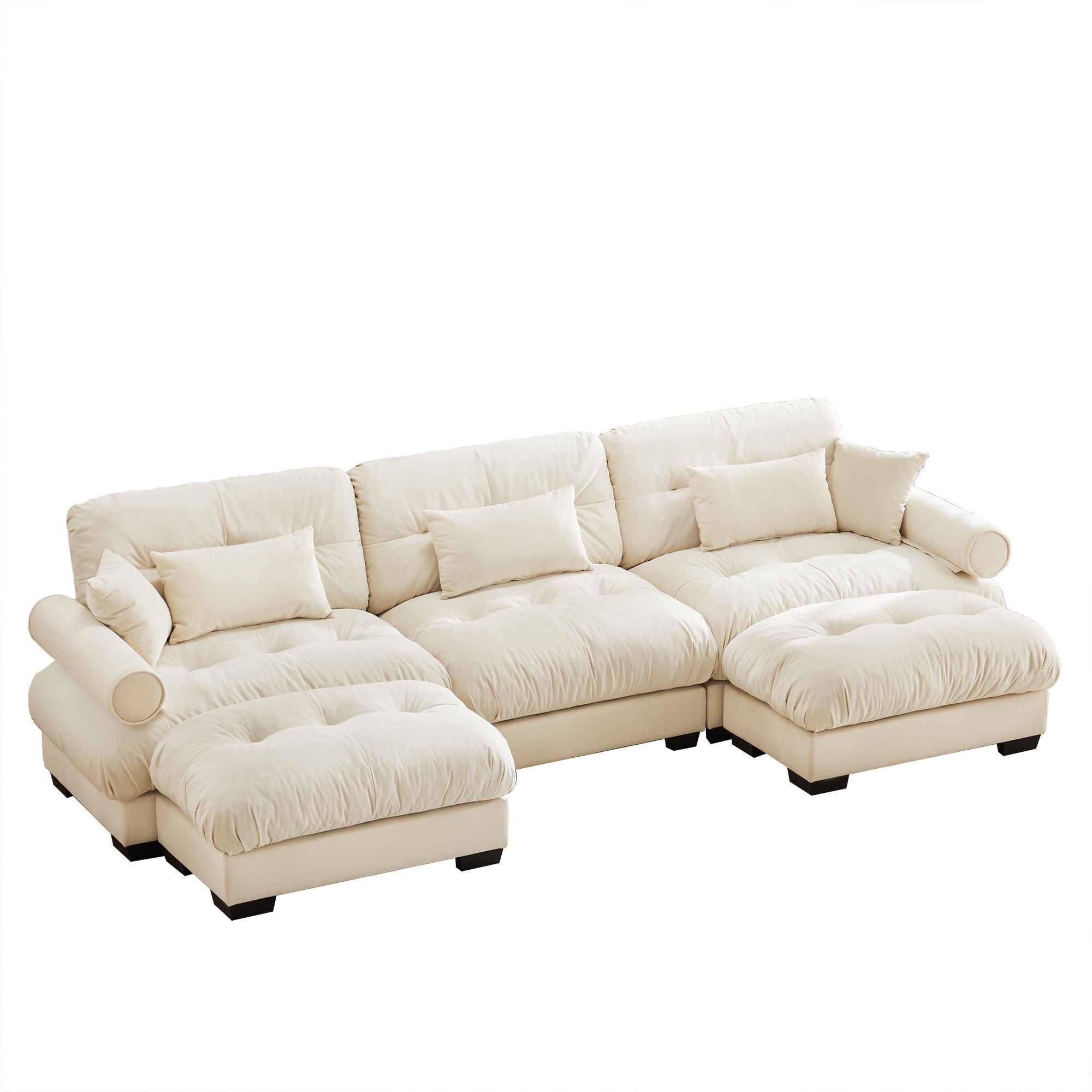 Modern Sectional Sofa With Ottoman, Round Bolster Armrests, Waist And Throw Pillows