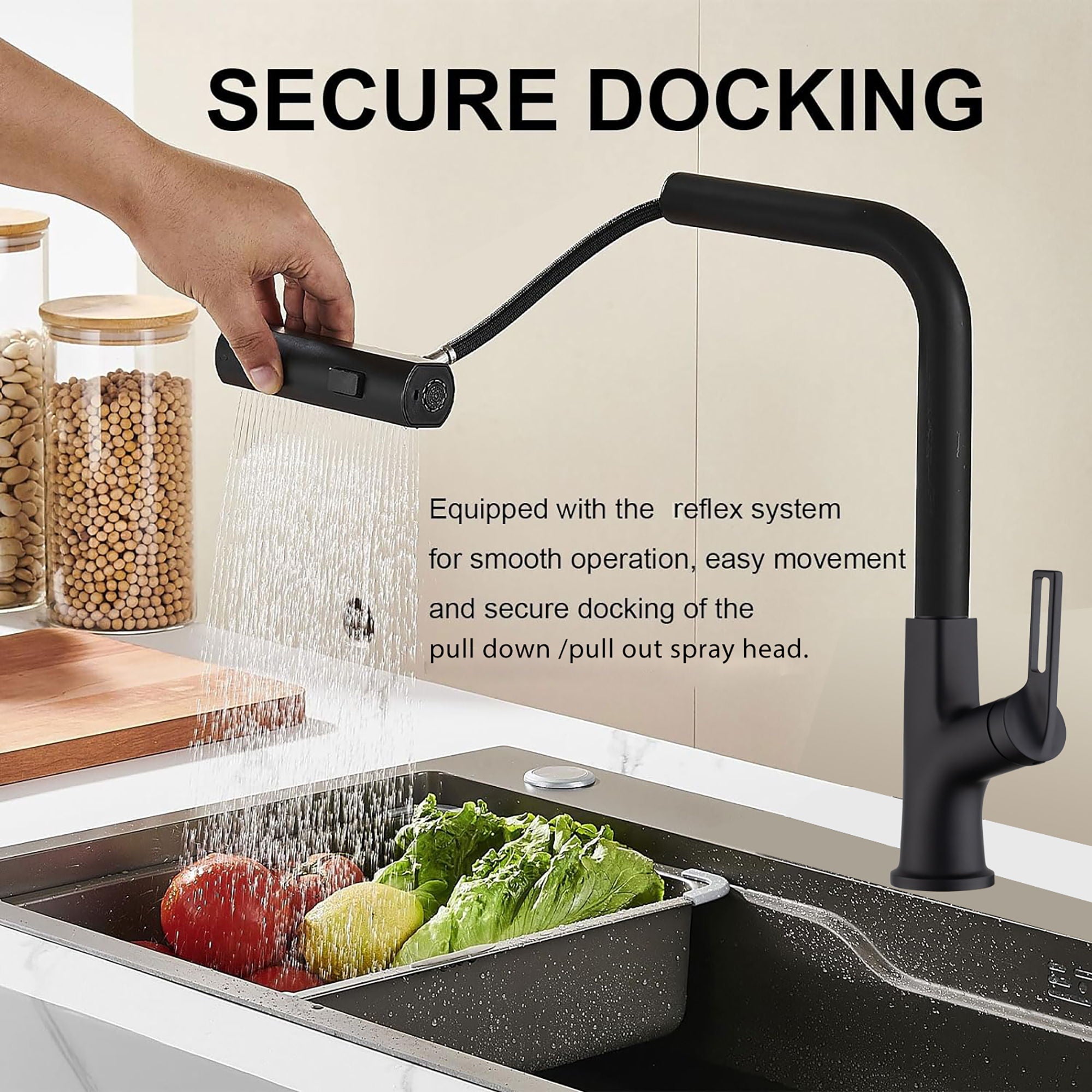 Modern Kitchen Waterfall Faucet With Pull Down Sprayer, Single Handle, 360 Degree Rotating - Matte Black