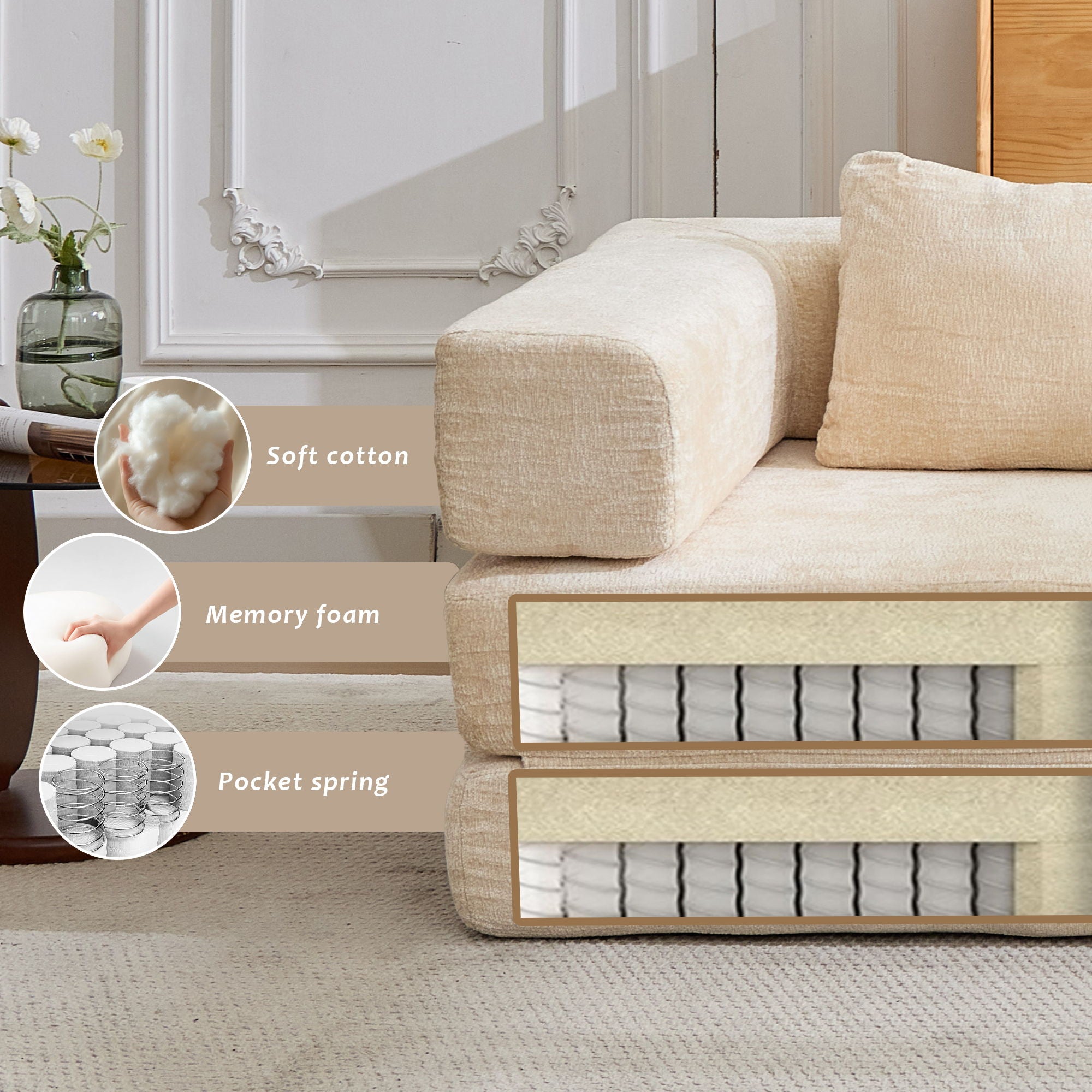 Convertible Floor Sofa Bed With Fixed Shape Frame, Loveseats Boneless Modular Sectional, For Living Room - Beige