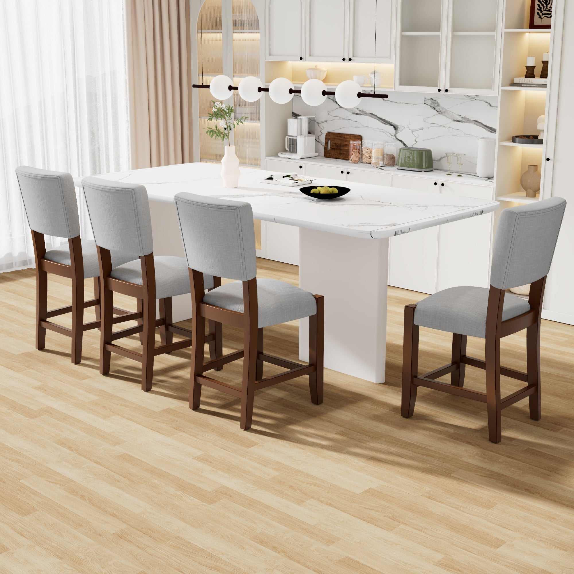 Set of 4 Mid-Century Modern Bar Stools, 40 in Linen Upholstered Counter Chairs with Rubber Wood Legs, Gray