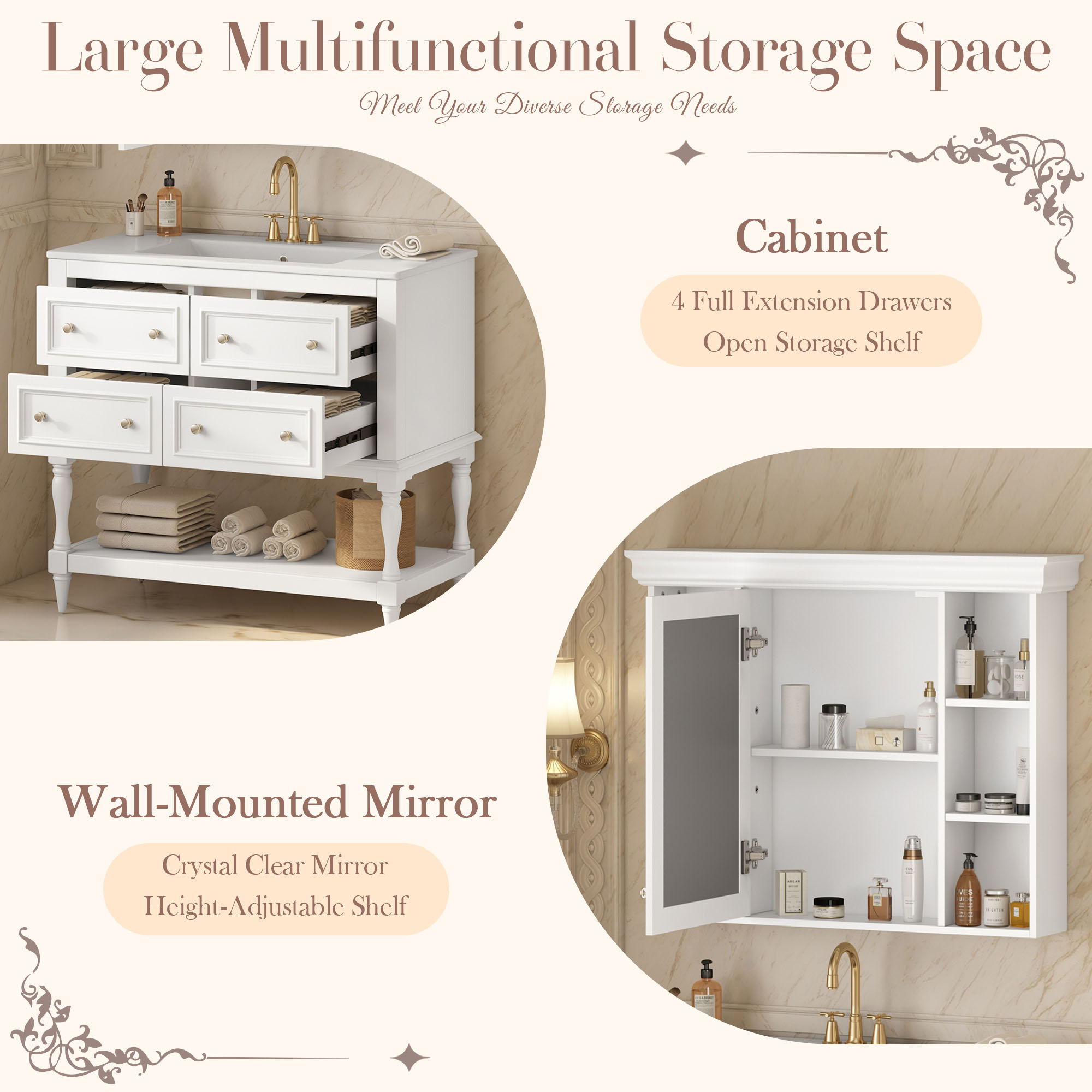 Bathroom Vanity With Medicine Cabinet, Storage Cabinet With 4 Drawers, Adjustable Shelf Mirror