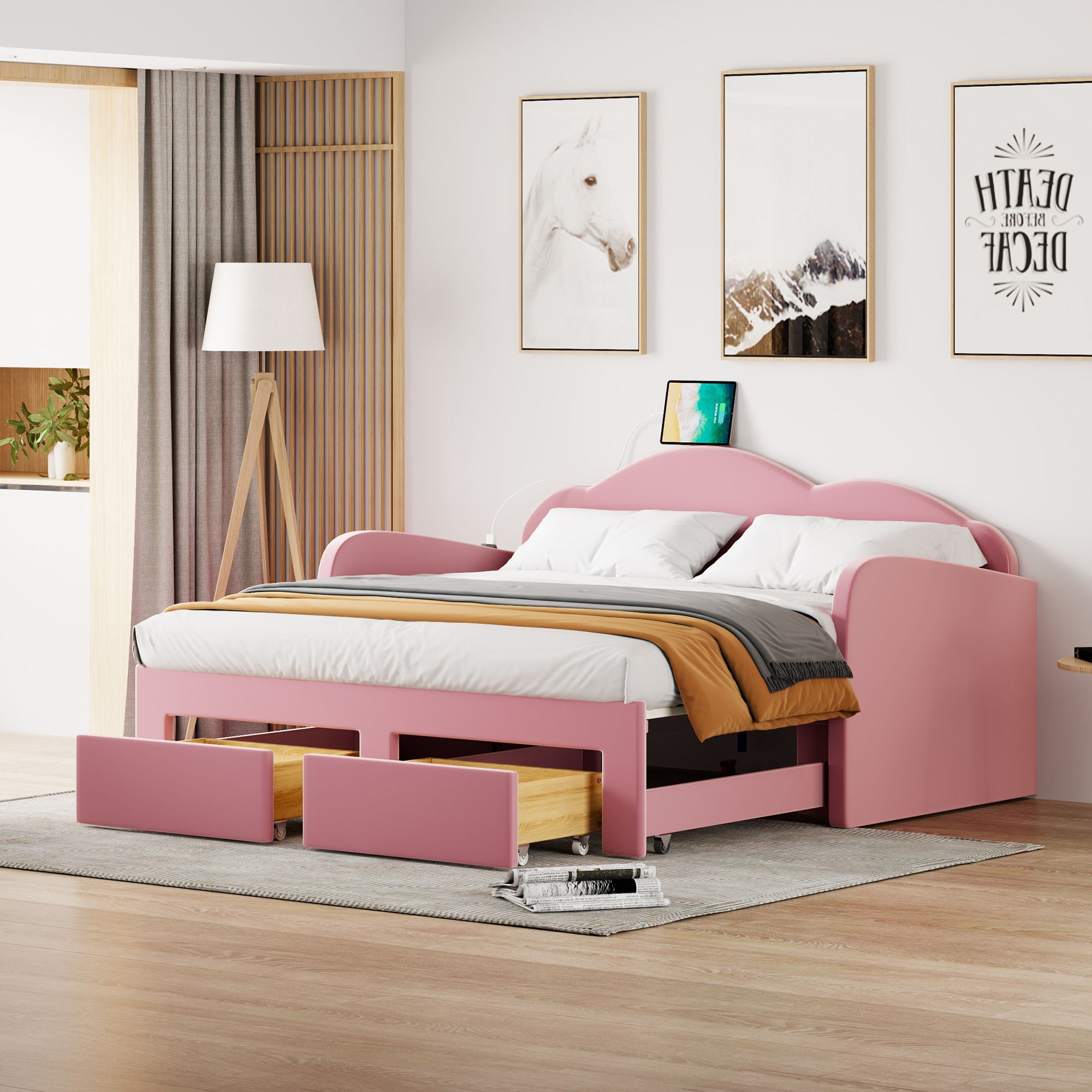 Upholstered Daybed With Cloud-Shaped Backrest, Trundle & 2 Drawers And USB Ports