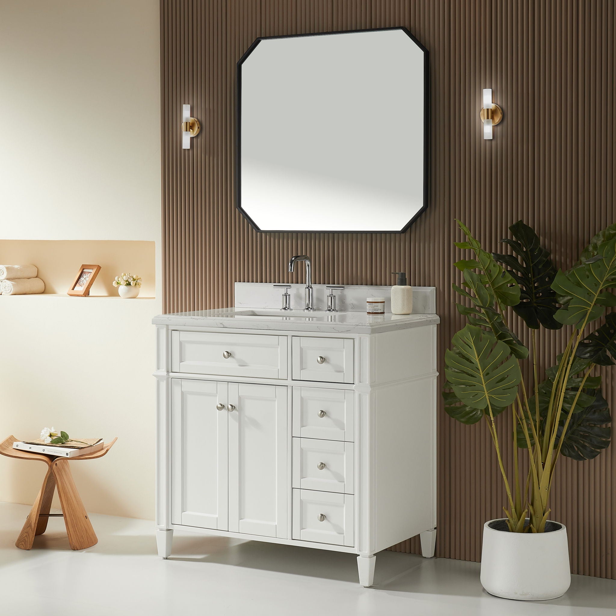 Freestanding Single Sink Bathroom Vanity With Solid Wood Construction And Engineered Marble Top - White