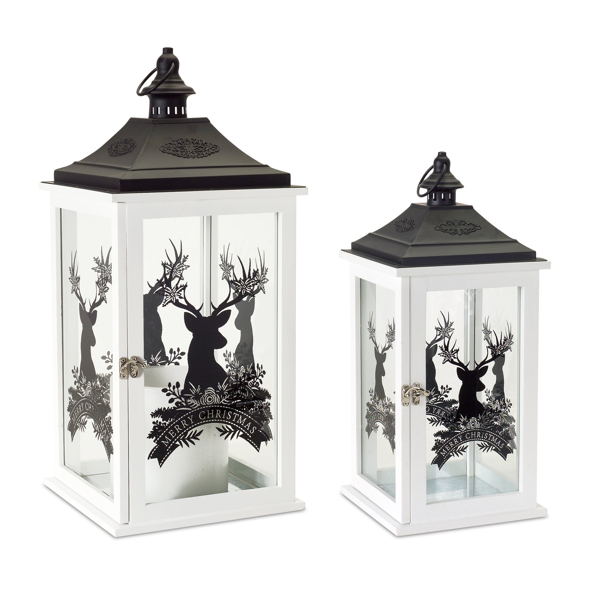Wood-Merry-Christmas-Lantern-with-Deer-Design-(Set-of-2)-Outdoor-Lighting