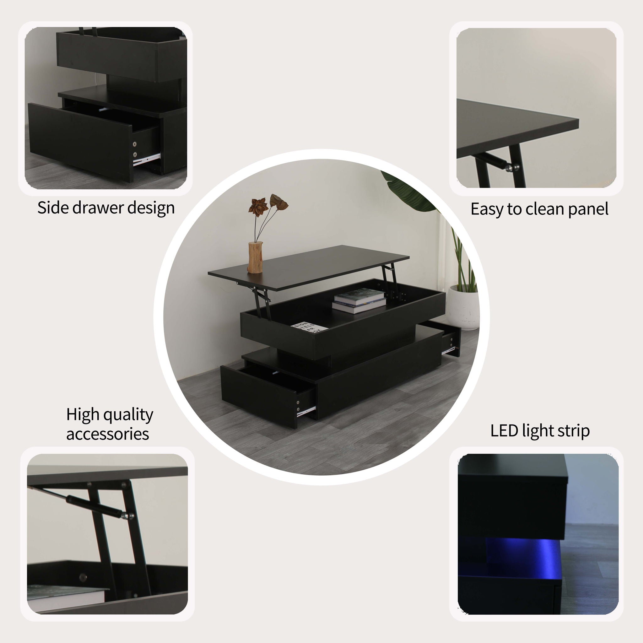 Contemporary Foldable Coffee Table With Drawers And LED, 3 Tier Design