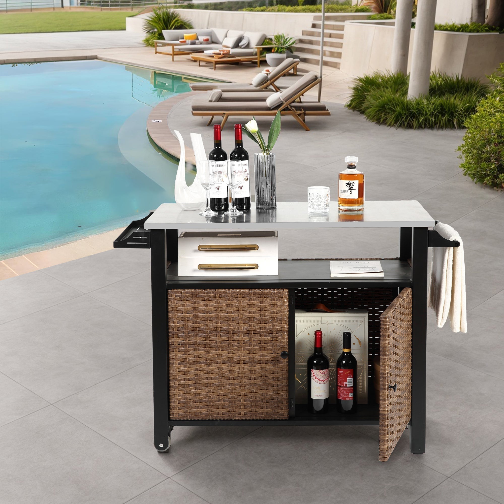 Outdoor Kitchen Wicker Island Rolling Cart & Storage Cabinet Brown