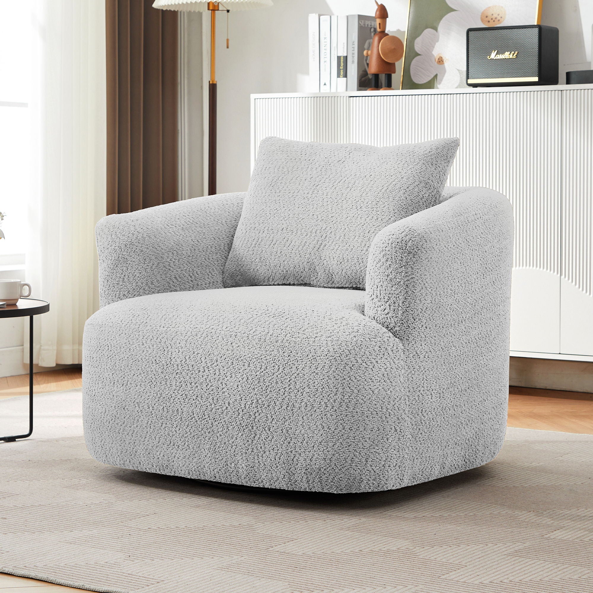 360° Swivel Barrel Sofa Chair With Throw Pillow, Chenille Upholstered Accent Chair