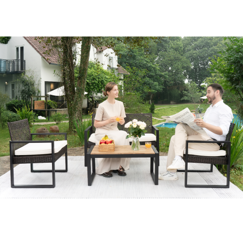 Lume Outdoor Acacia 4-Piece Wicker Sofa Set with Table Brown