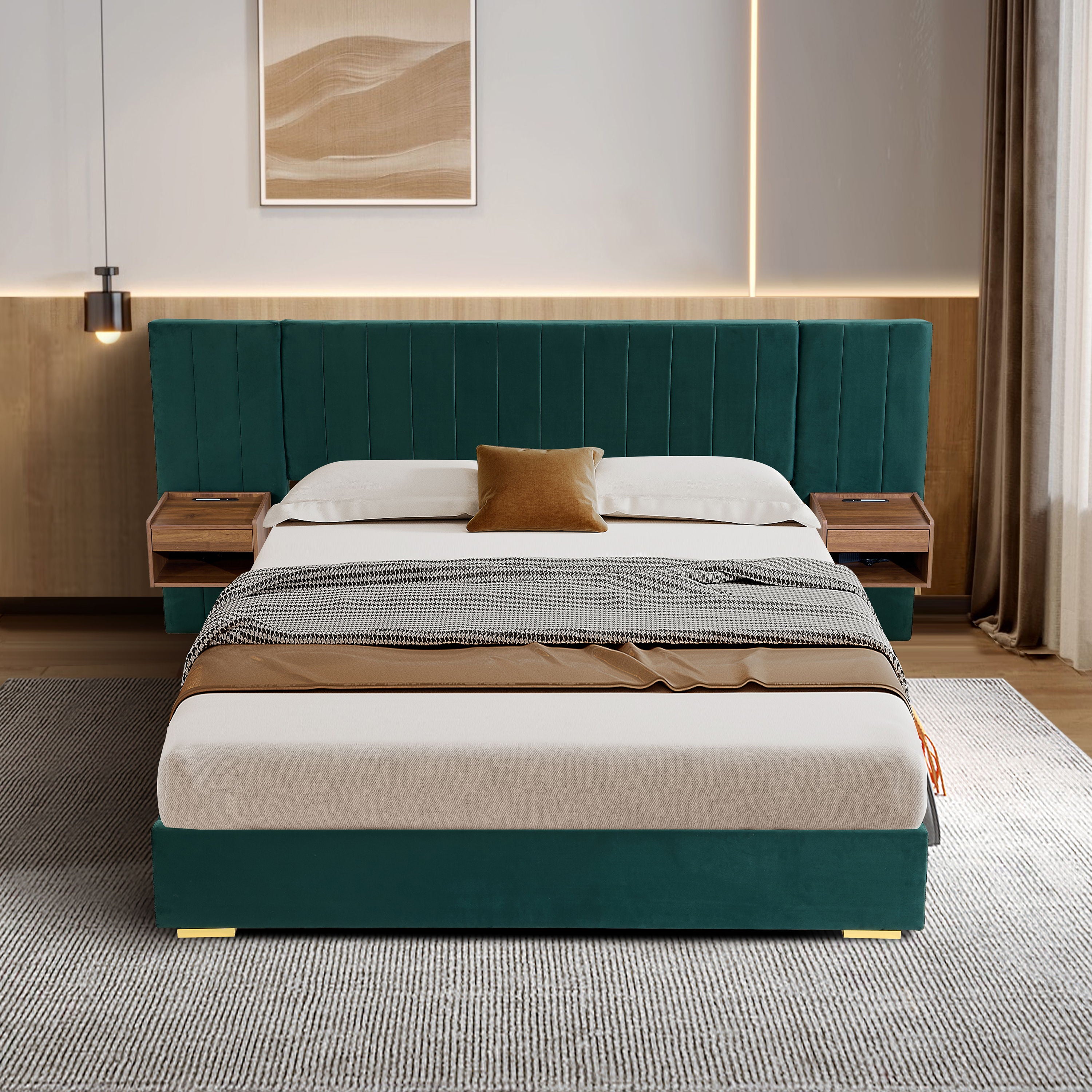 Upholstered Bed Frame Of Velvet Tufted Headboard With Floating Nightstand LED / USB Built