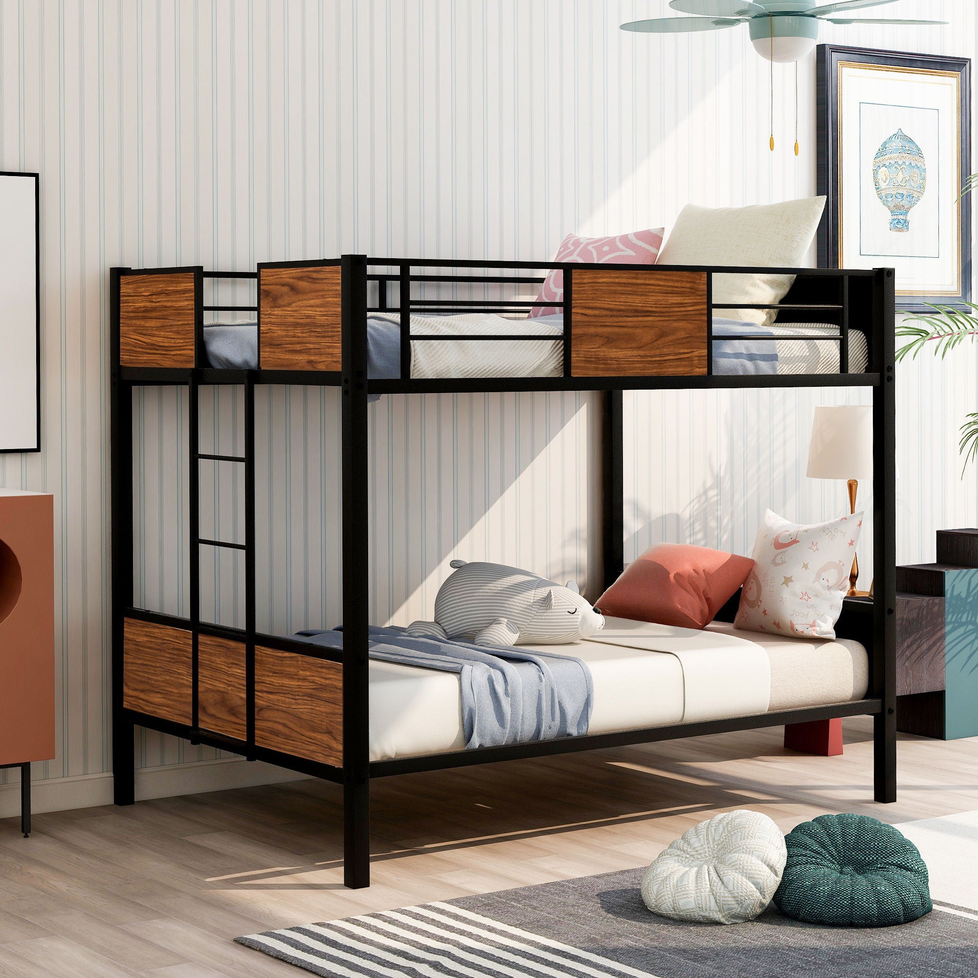 Full Over Full Bunk Bed Modern Style Steel Frame Bunk Bed With Safety Rail, Built-In Ladder For Bedroom - Brown