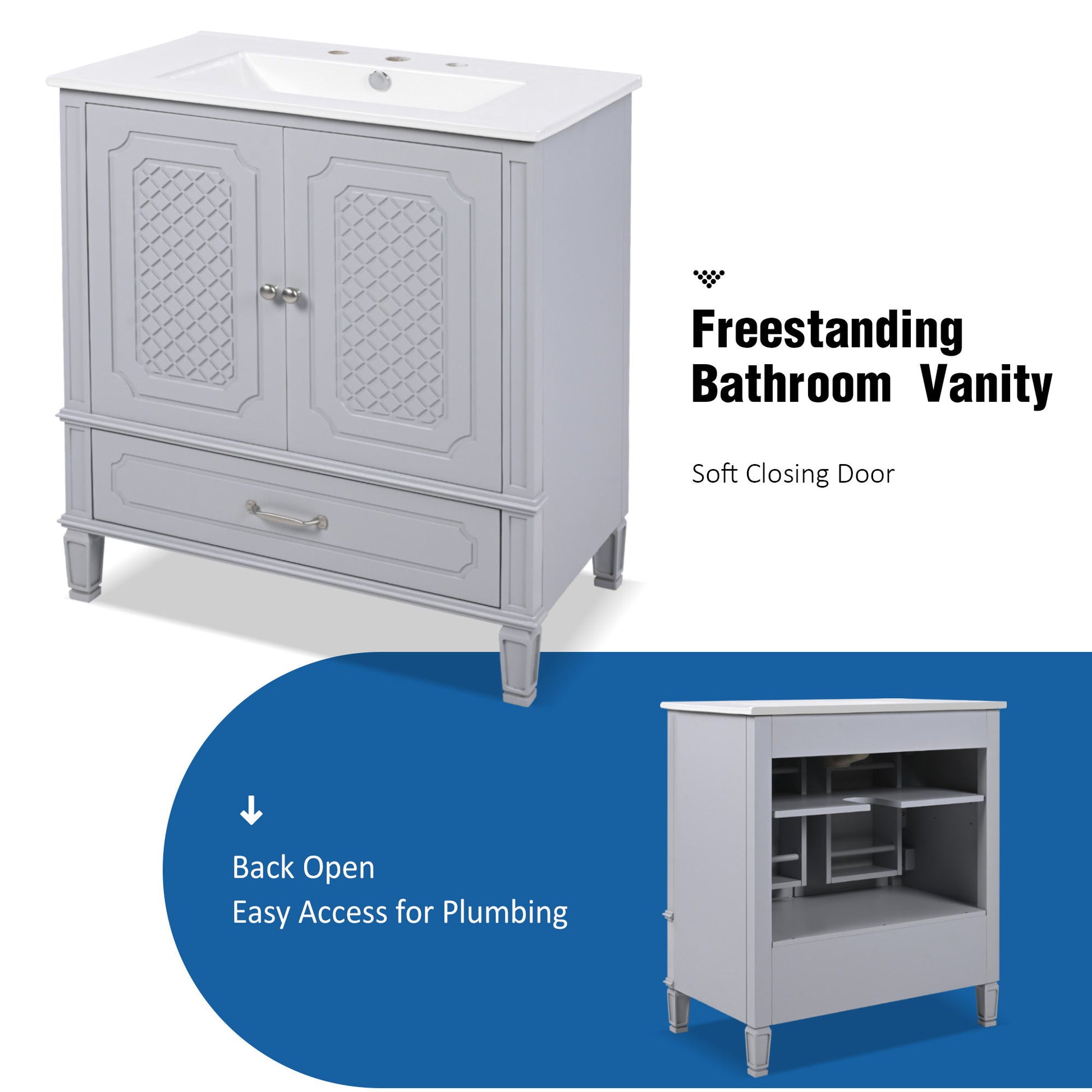 Vintage Style Bathroom Vanity With Sink, Multi Functional Storage, Soft-Closing Door - Best Buy Furniture