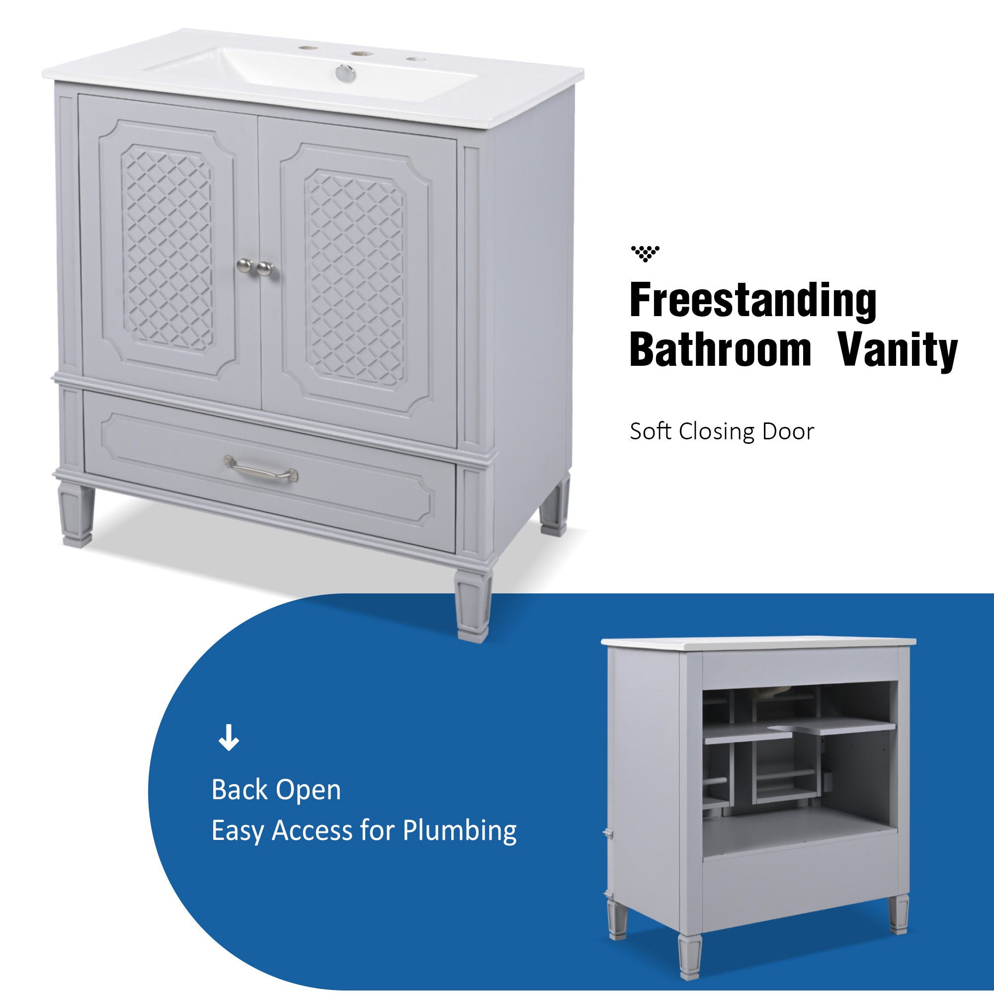 Vintage Style Bathroom Vanity With Sink, Multi Functional Storage, Soft-Closing Door - Best Buy Furniture