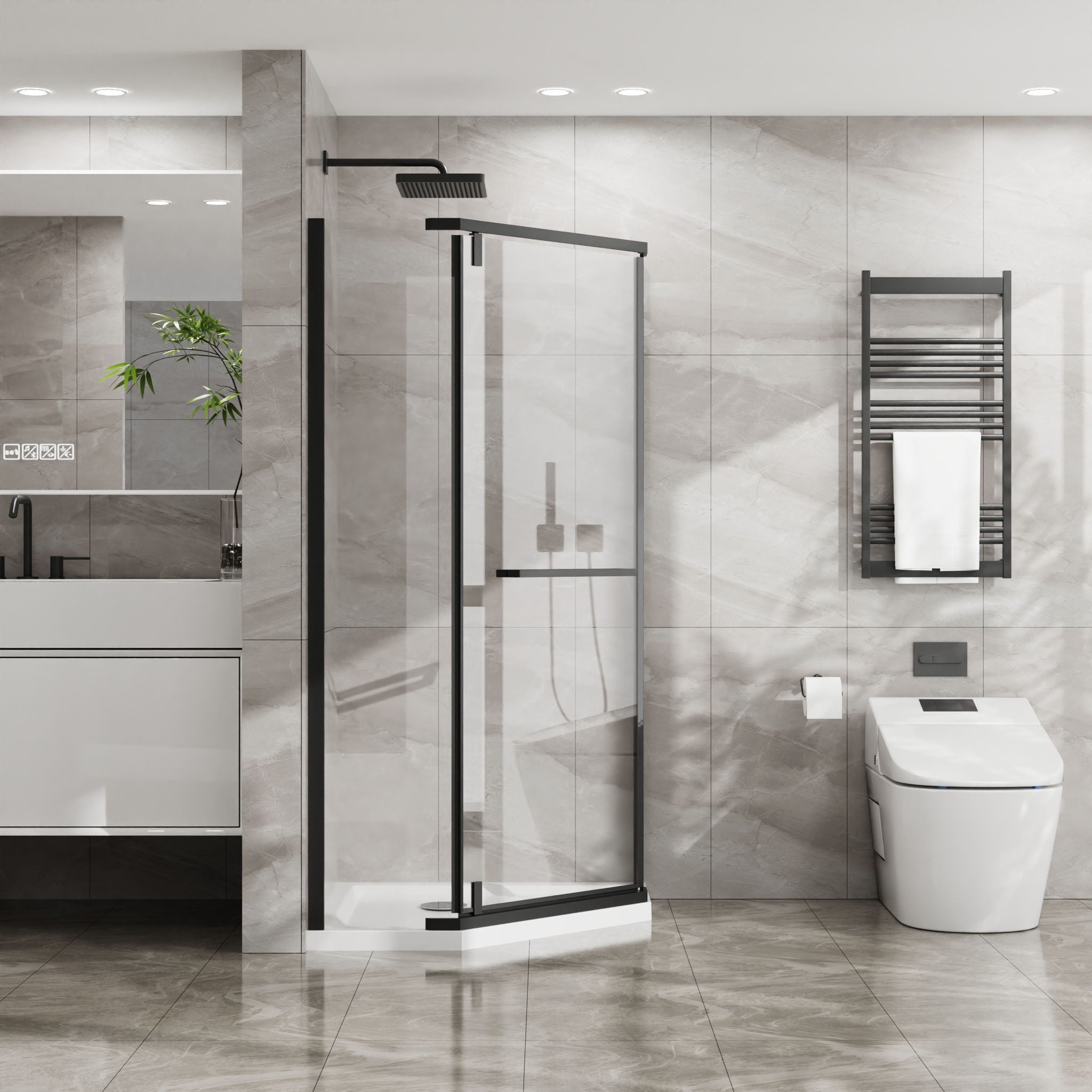Neo Angle - Frameless Shower Door With White Acrylic Shower Base Combo - Matte Black