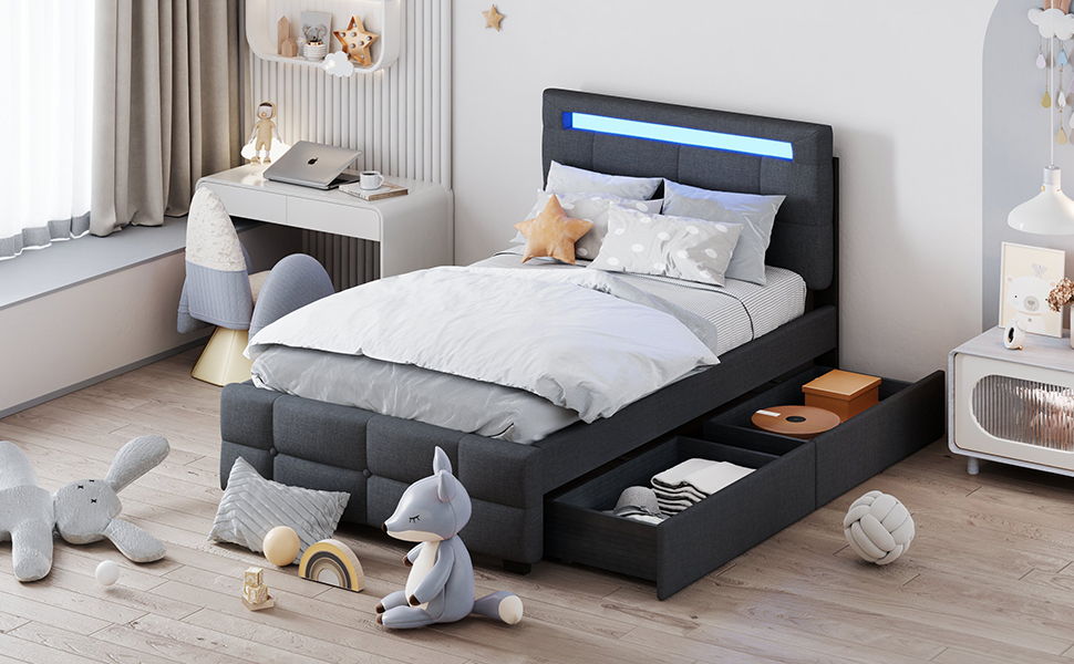Upholstered Platform Bed With LED Frame, With Trundle And 2 Drawers