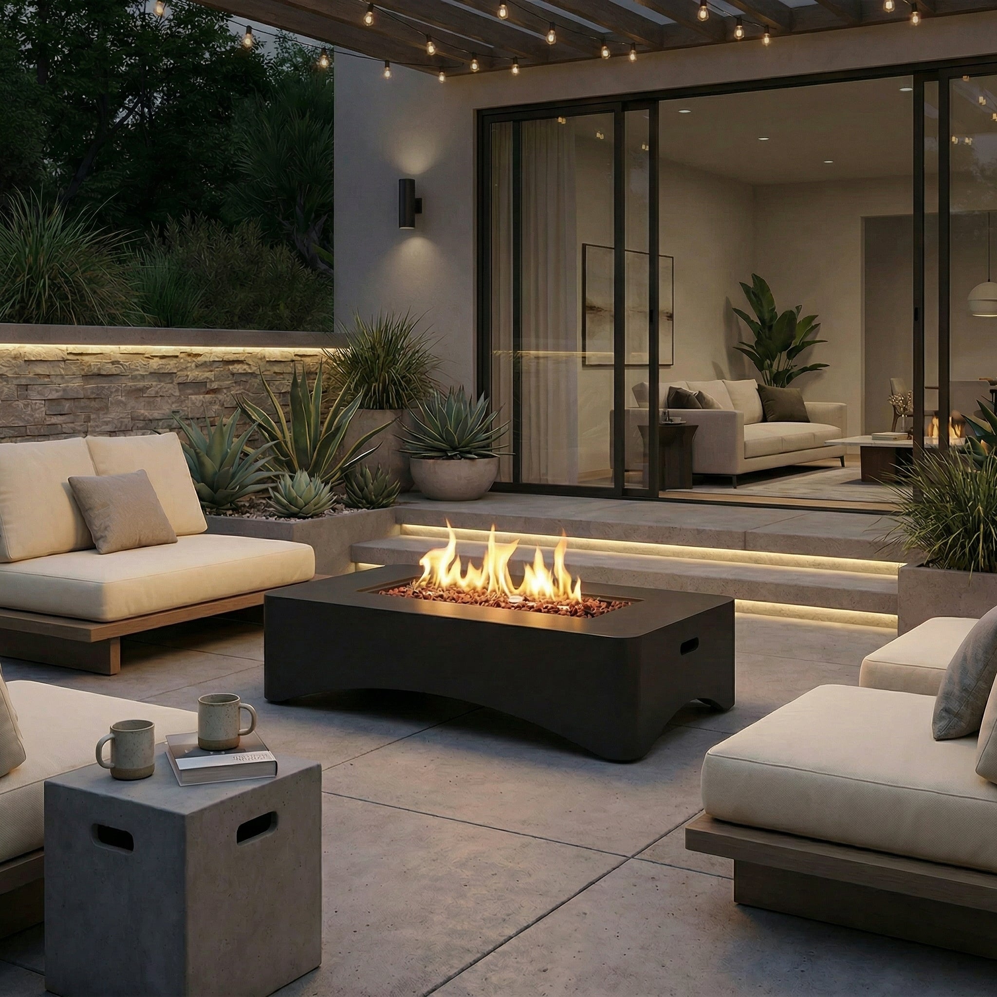 56" Propane Fire Pit Table, Rectangular Outdoor Gas Fire Pit