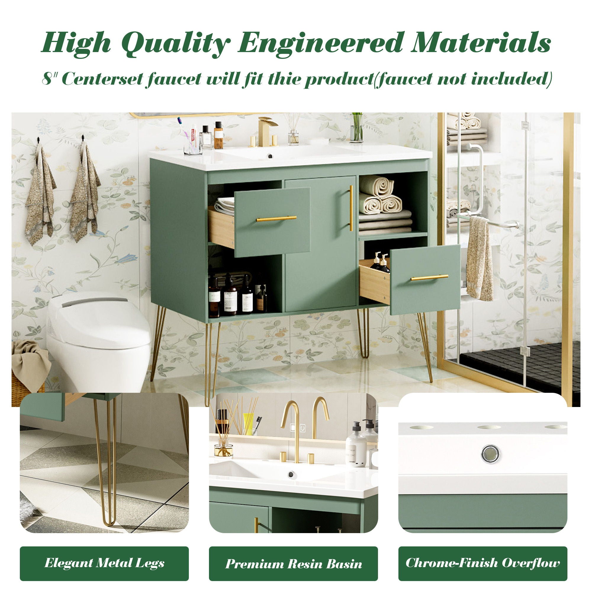 Bathroom Vanity With Resin Sink Combo Set, Modern Freestanding Single Bathroom Cabinet With 2 Drawers & 2 Storage Compartments, Storage Cabinet For Bathroom, Frame Vanity Set - Green