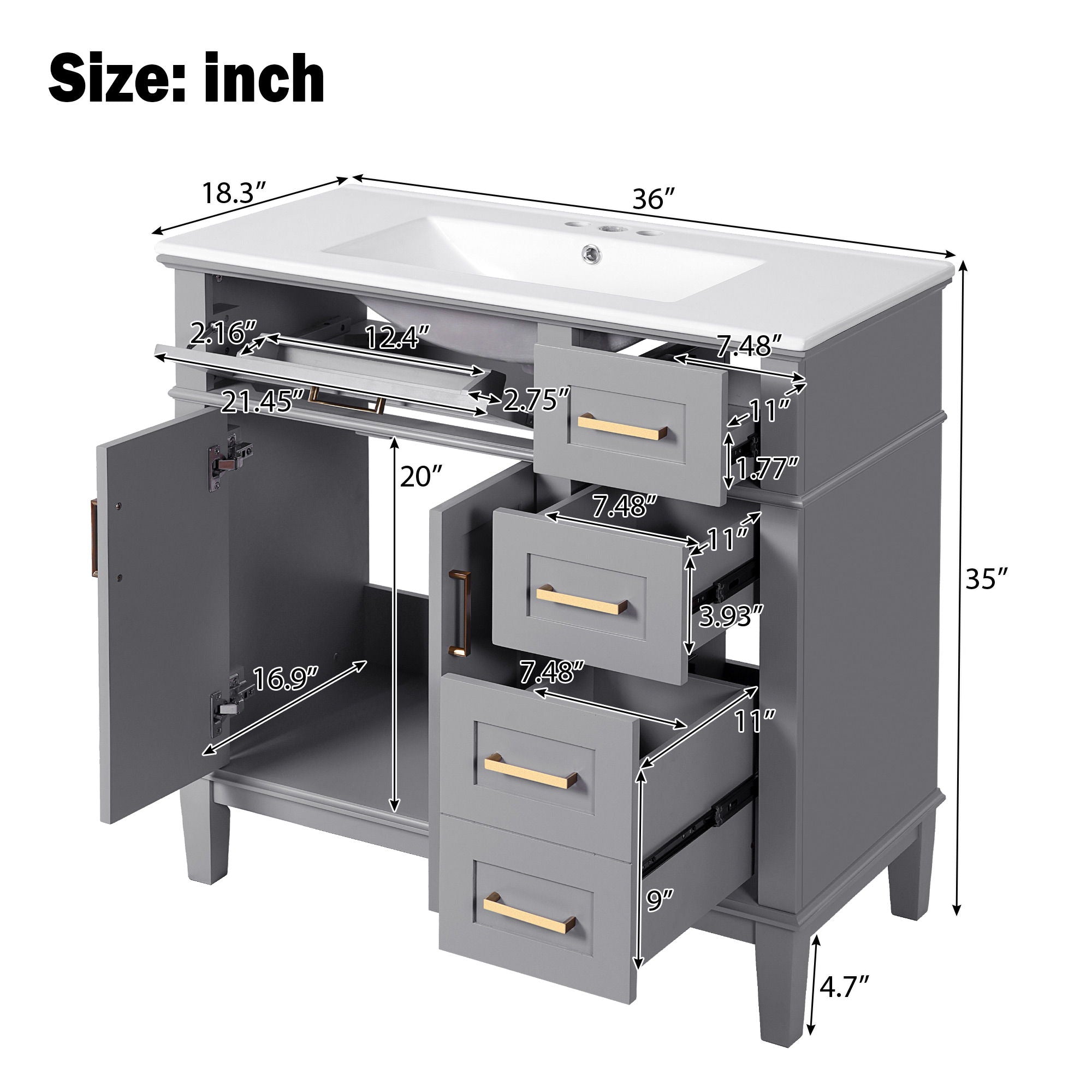 Bathroom Vanity With Sink, Soft Close Doors, And Storage Drawers - Gray