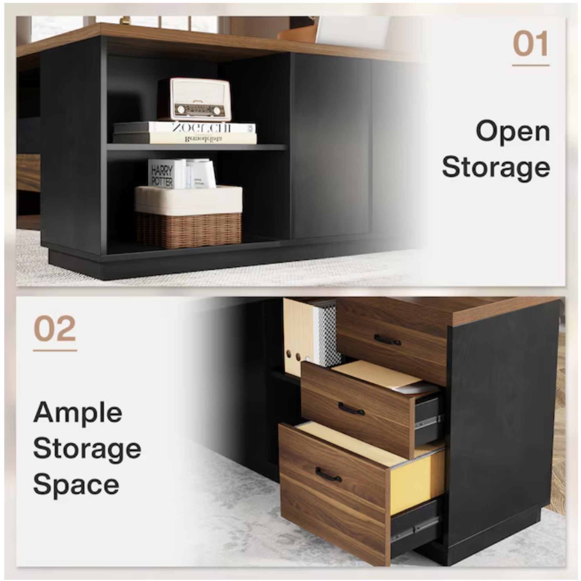 L-Shaped Executive Desk With File Cabinet & Drawers, Large Home Office Computer Workstation