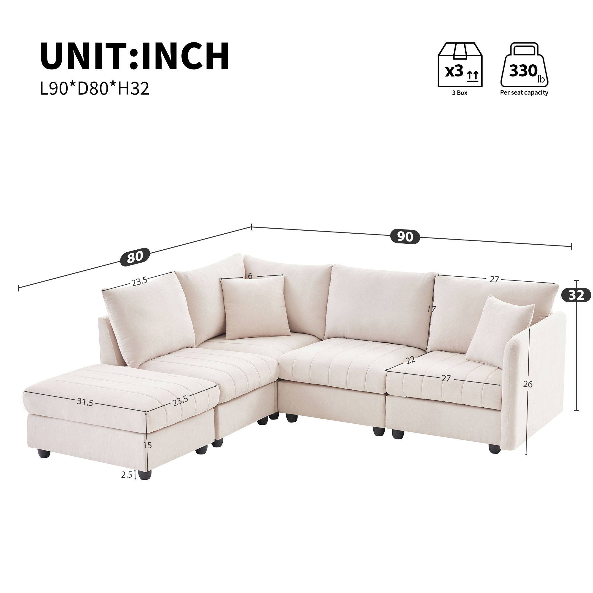 Modern Sectional Sofa With Vertical Stripes, 2 Pillows, 5 Seat Couch With Convertible Ottoman, Various Combinations, L-Shape Indoor Furniture For Living Room