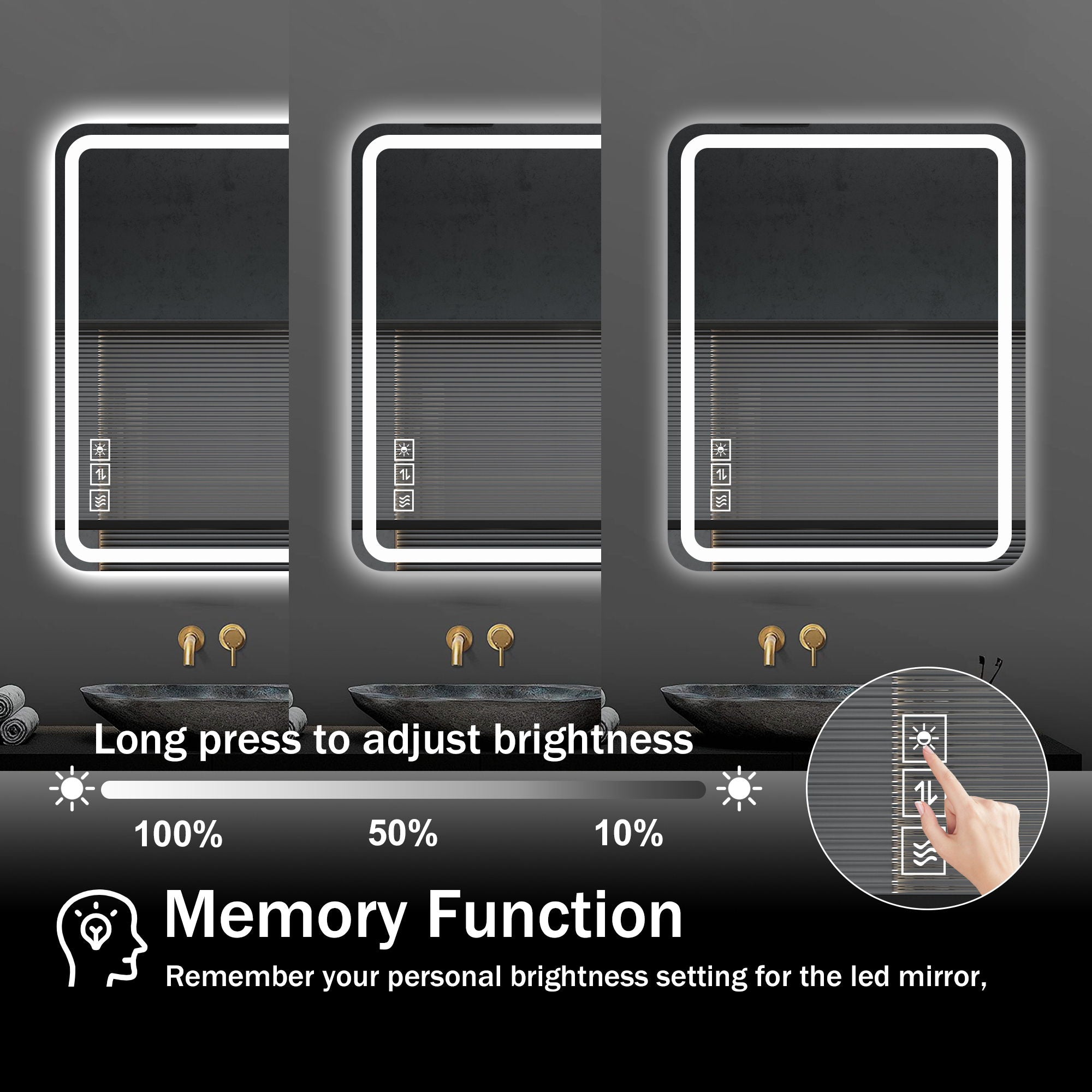LED Bathroom Mirror, Anti Explosion Glass, Rust Resistant, Anti Fog, Tri Color