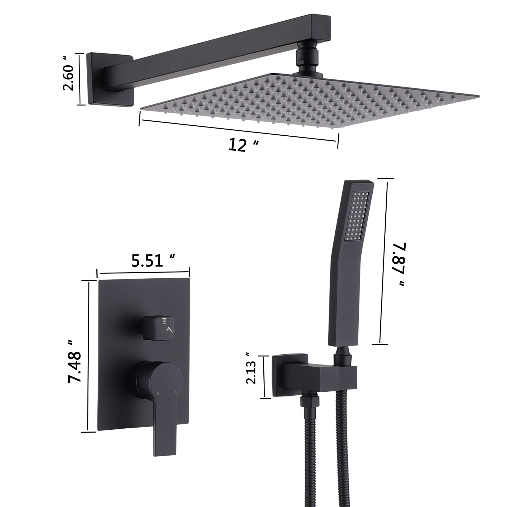 Luxury Bathroom Ceiling Mount 12" Rain Mixer Shower System With Brushed Nickel - Matte Black