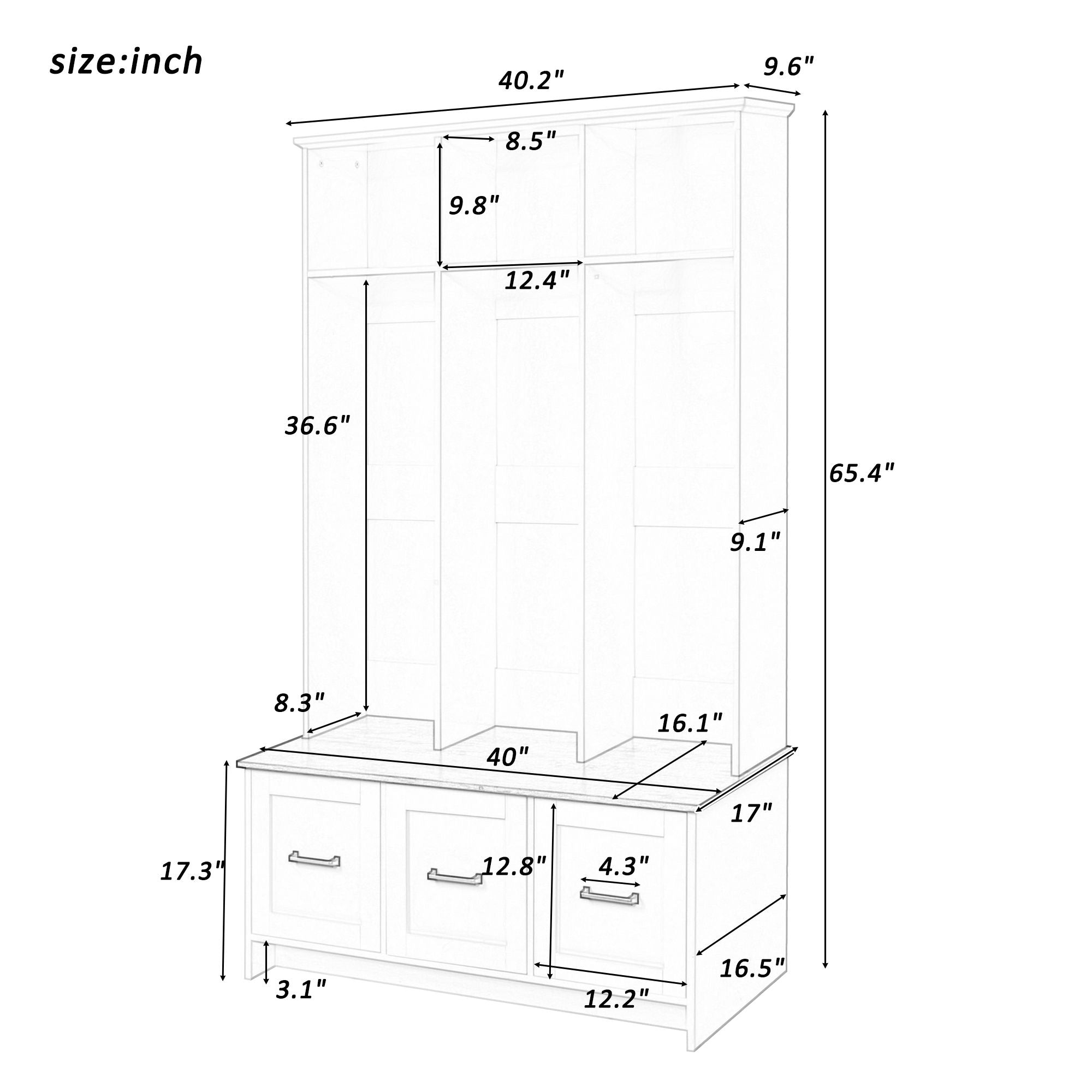Modern Hall Tree With 3 Shelves And Drawers, Storage Bench
