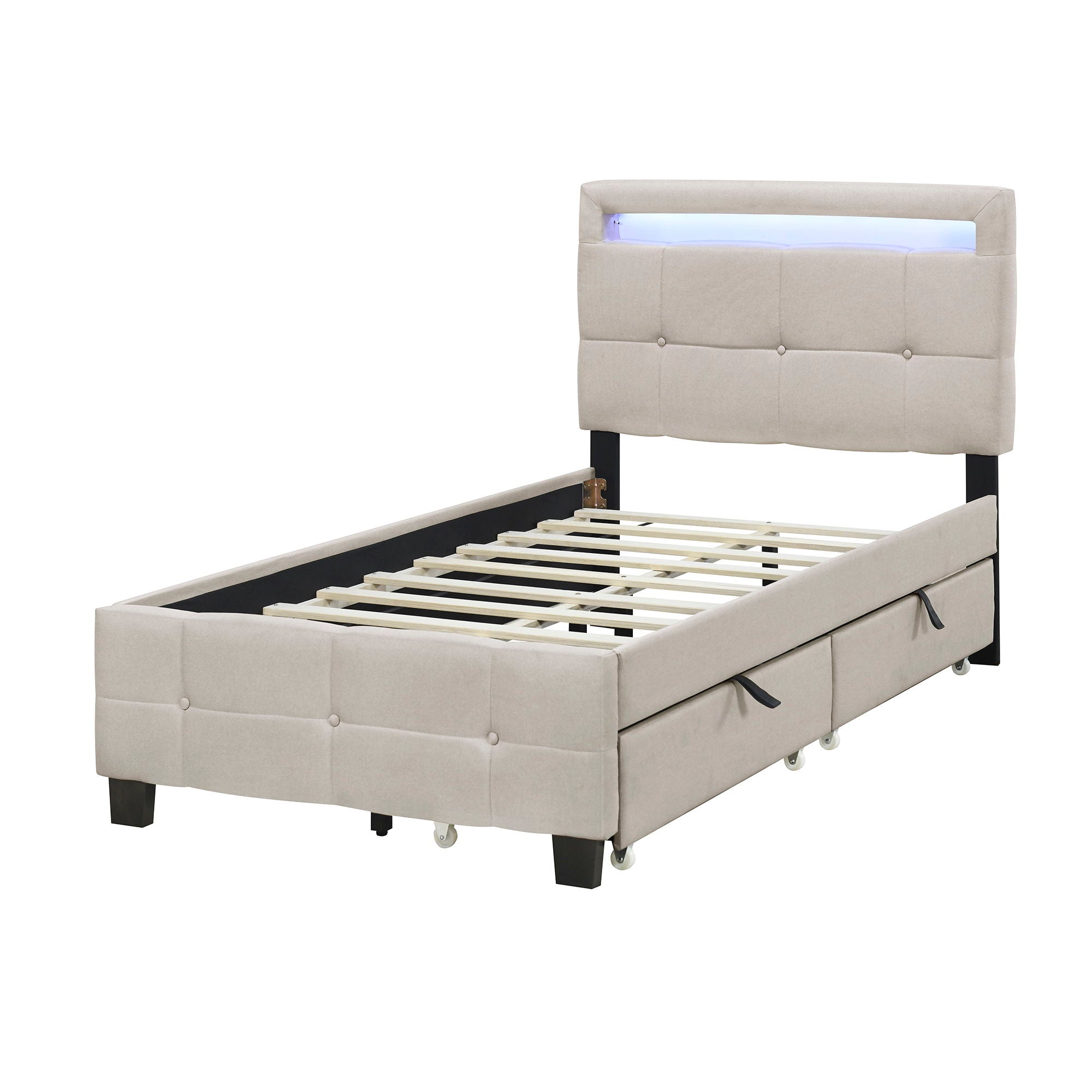 Upholstered Platform Bed With LED Frame, With Trundle And 2 Drawers