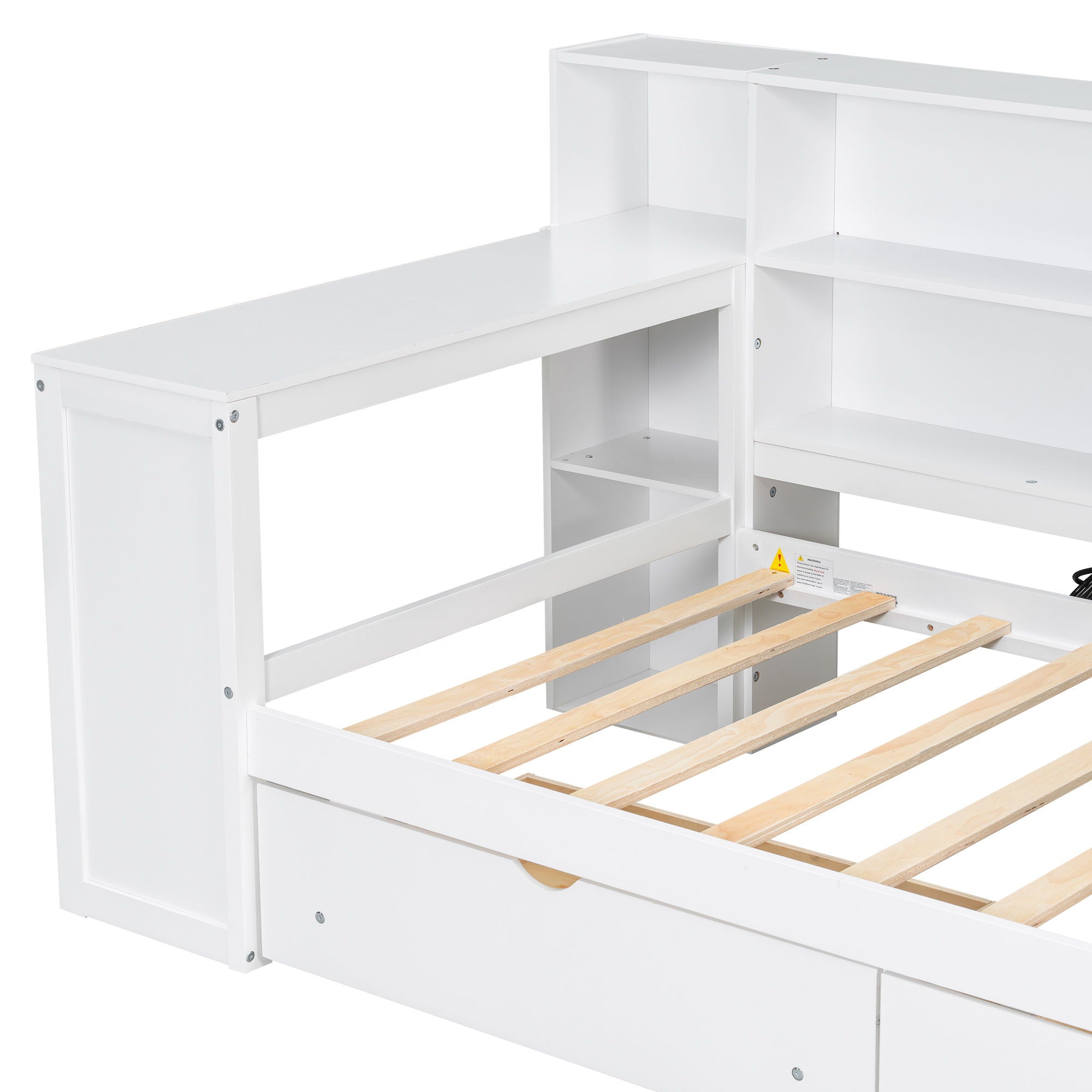 Platform Bed With Upholstered Headboard, Storage Shelves, Drawers, Charging Station, LED Lighting, Built In Desk