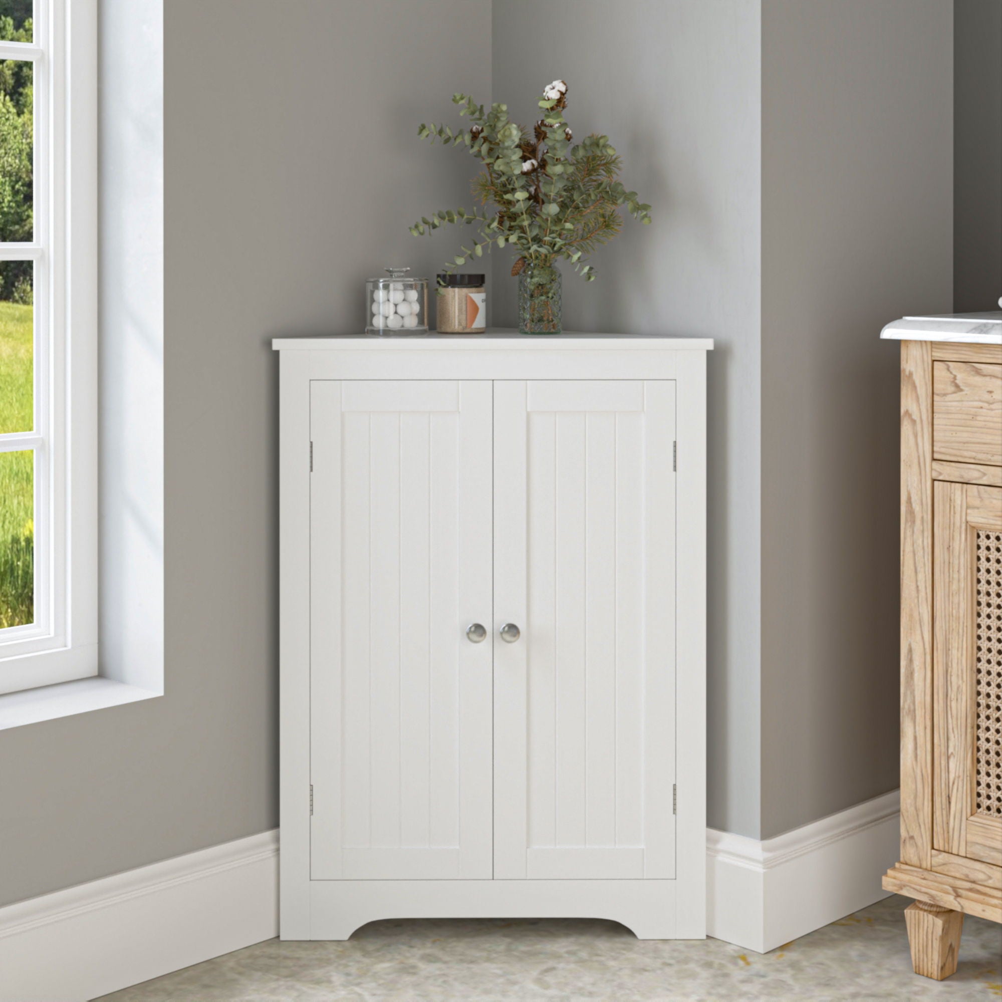 Corner Cabinet With 2 Doors And Adjustable Shelves, Freestanding Narrow Storage Organizer For Bathroom - White