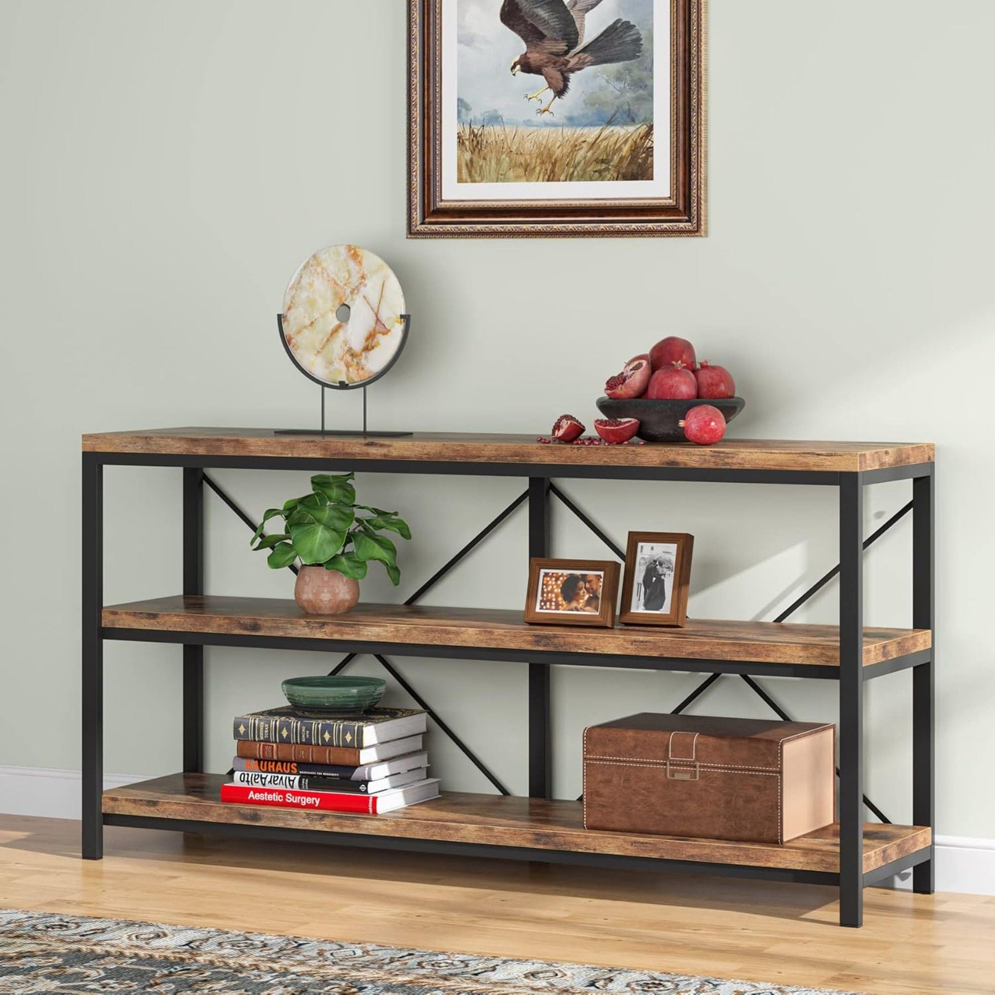 Console Table With 3 Tier Storage Shelves Finish, Slim Narrow Design For Living Entryway - Brown / Black