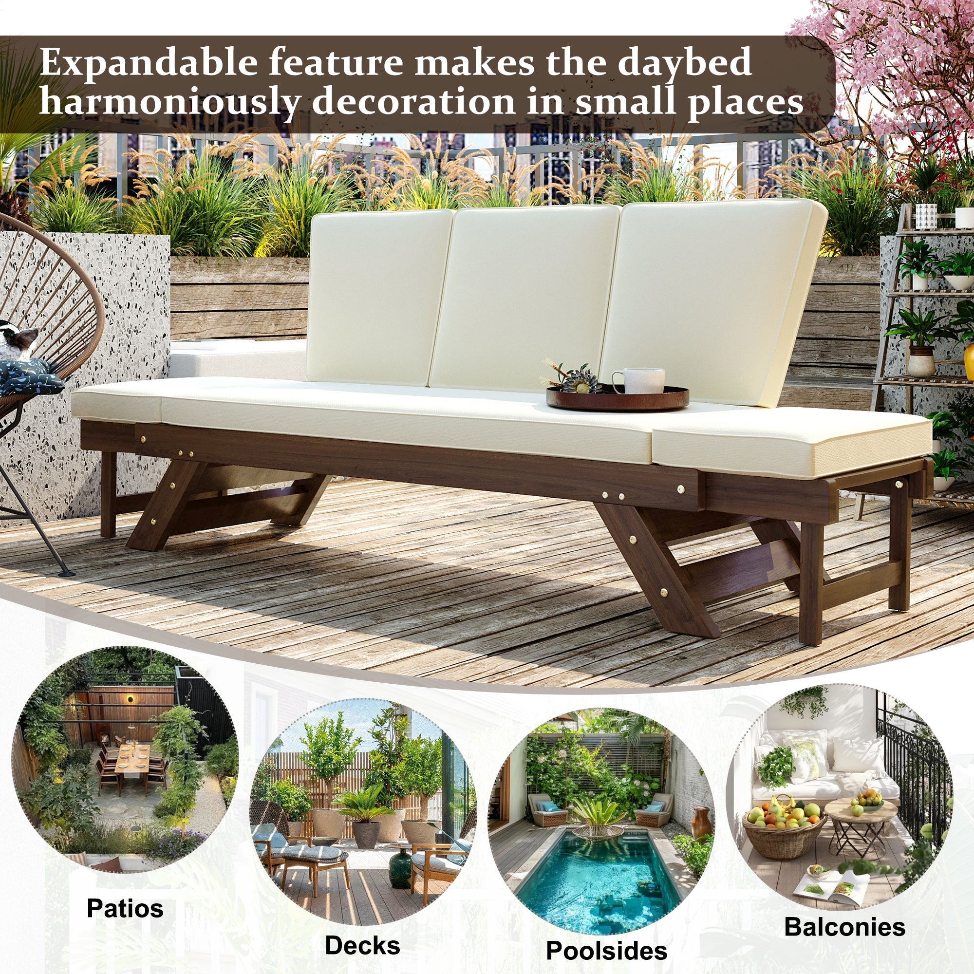 TOPMAX Outdoor Adjustable Patio Wooden Daybed Sofa Chaise Lounge