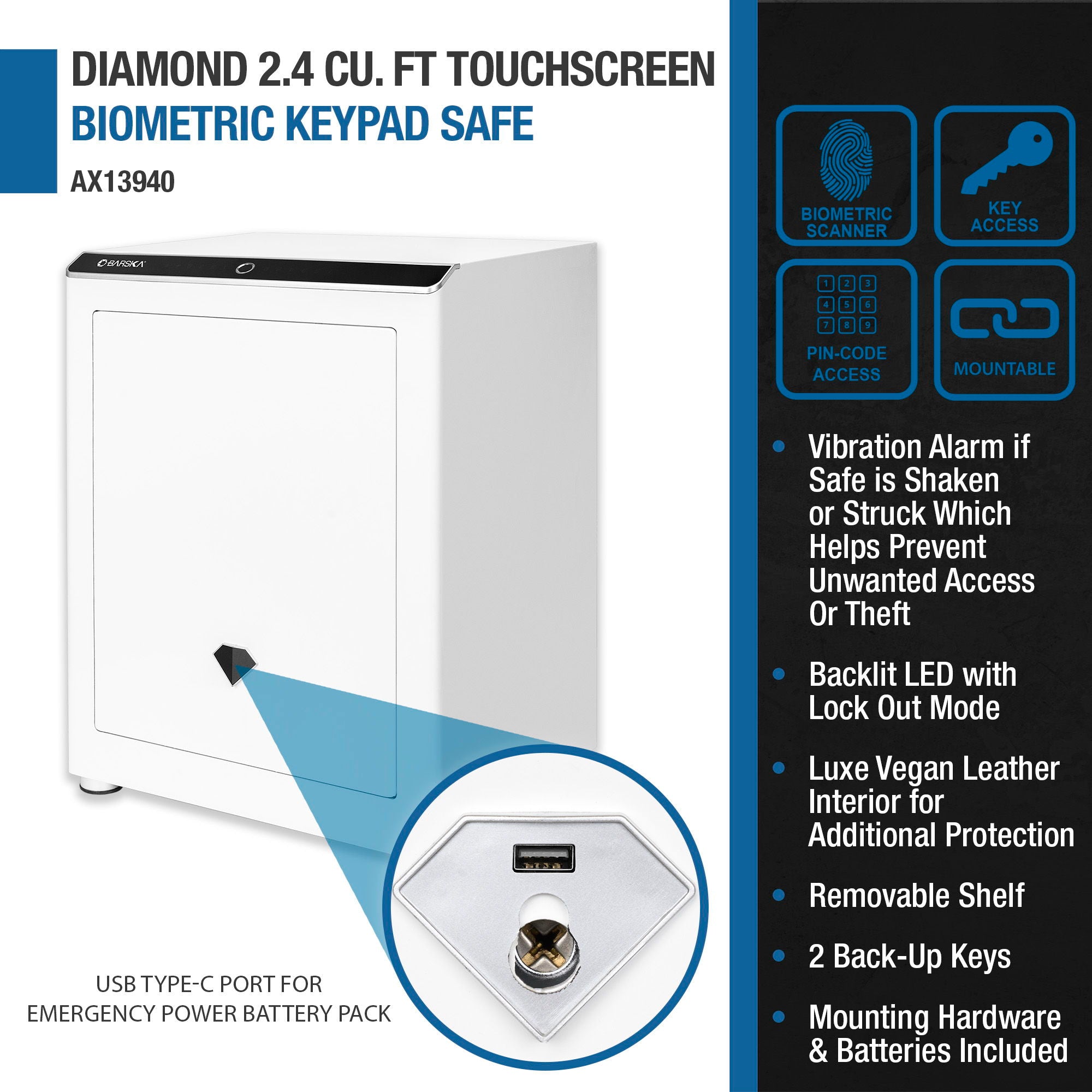 Diamond 2.4 Cu. Ft Touchscreen Biometric Keypad Security Safe - White