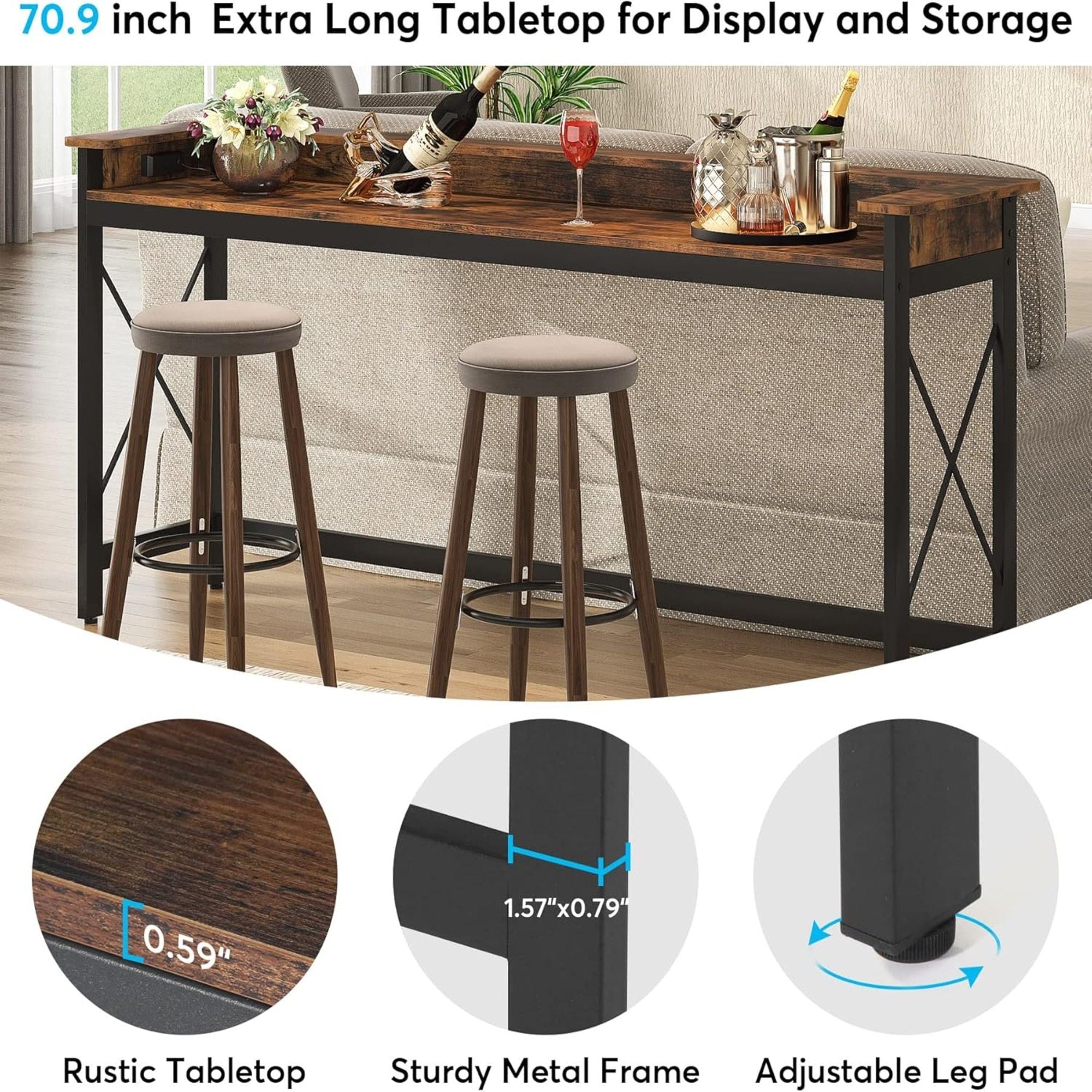Console Table With Charging Station, Extra Long For Living Hallway - Brown / Black