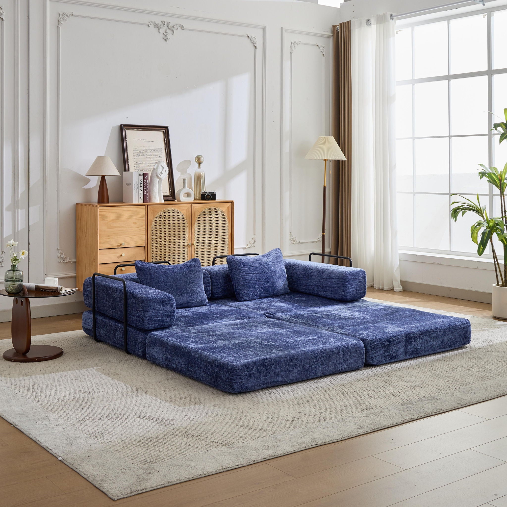 Convertible Floor Sofa Bed With Fixed Shape Frame, Loveseats Boneless Modular Sectional, For Living Room - Dark Blue