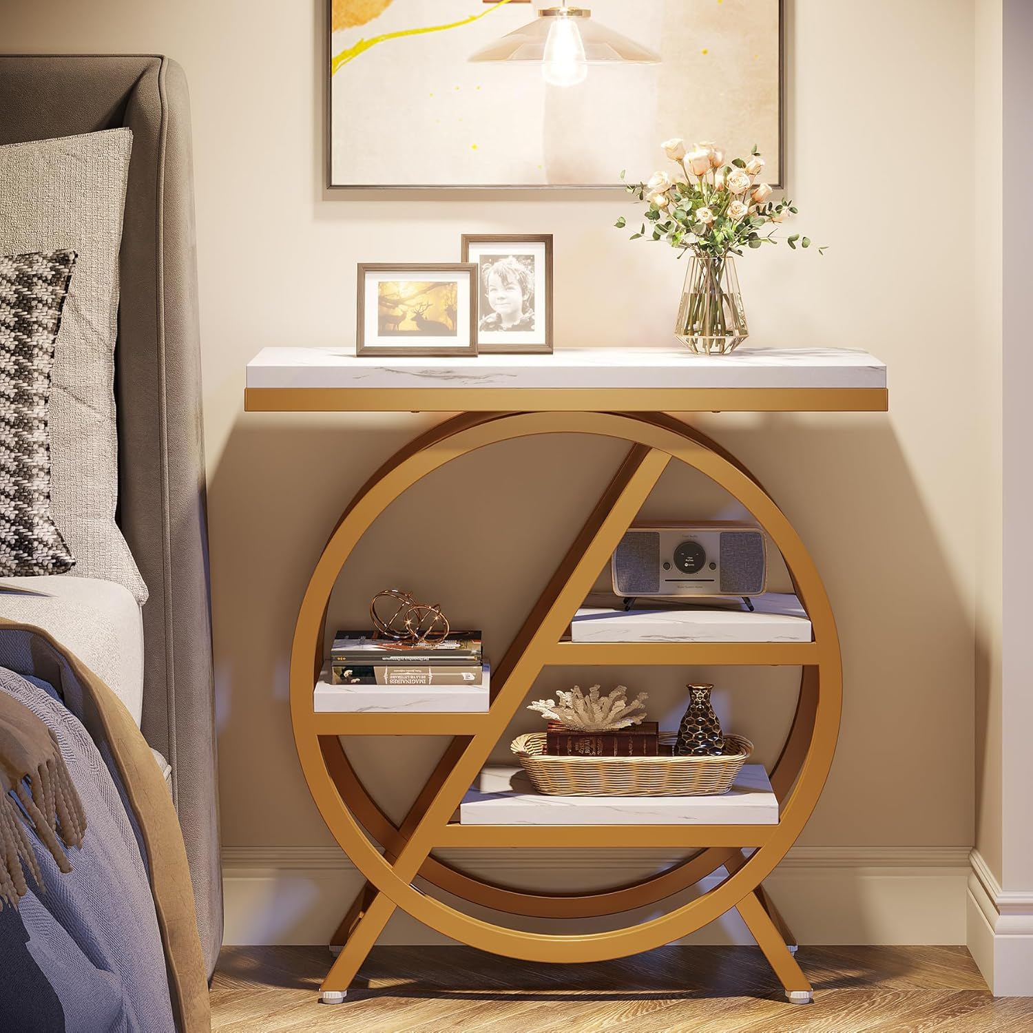 Modern Narrow End Table With 3 Tier Shelves
