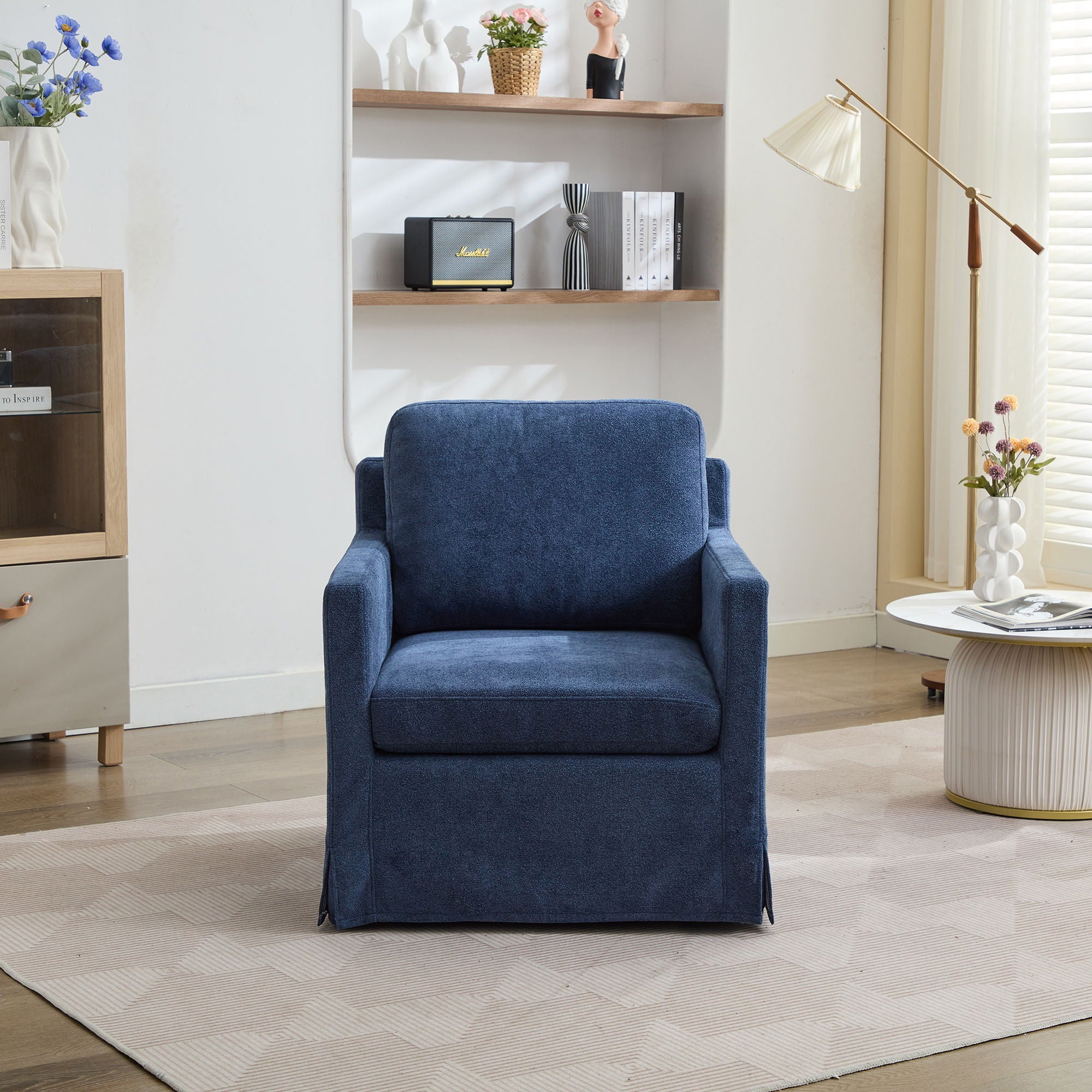 Upholstered Skirted Swivel Chair With Removable Back Cushion For Living Room