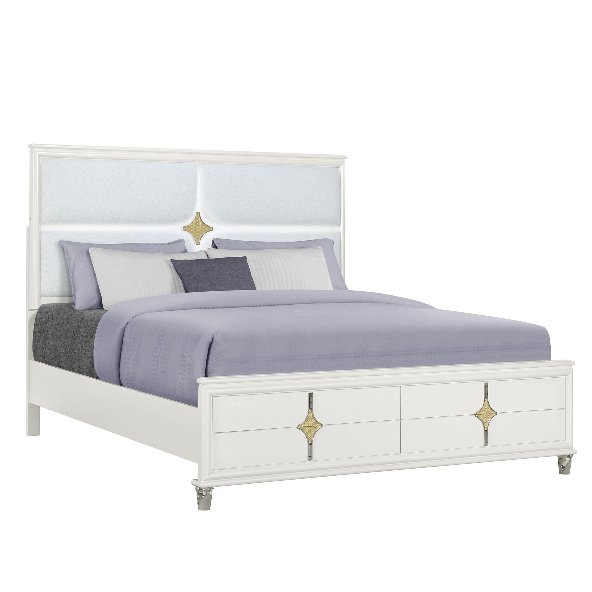 Uriuni - 5 Piece King Bedroom Set With Panel Headboard And LED Lighting - Gold / White