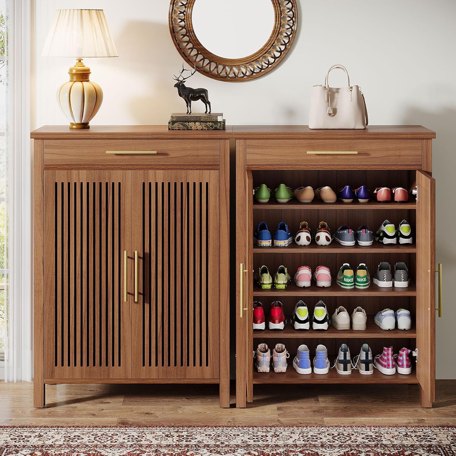 5 Tier Shoe Cabinet With Louvered Doors And Drawer, Freestanding Organizer With Adjustable Shelves For Entryway - Brown
