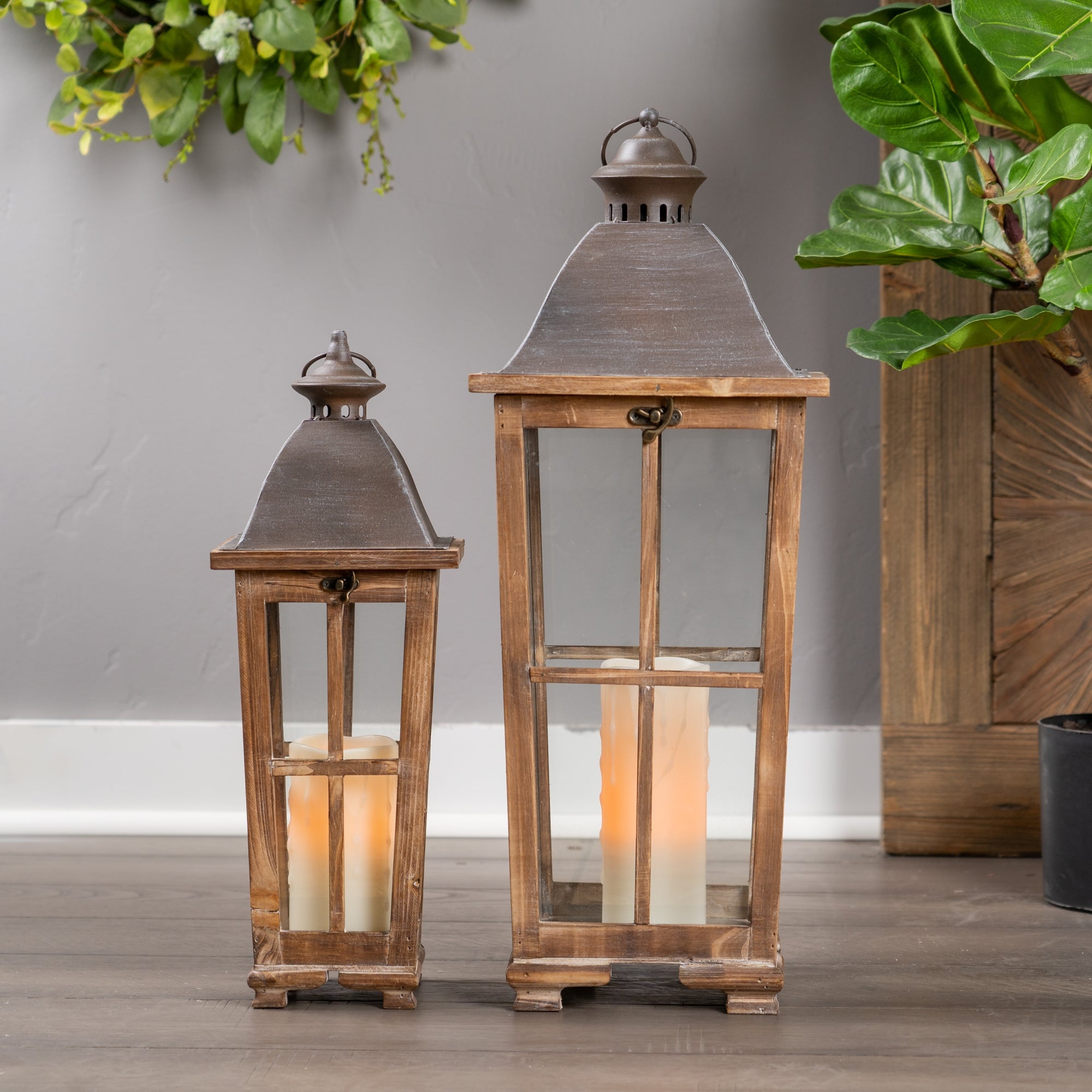 Tapered wood lantern with metal lid (set of 2)