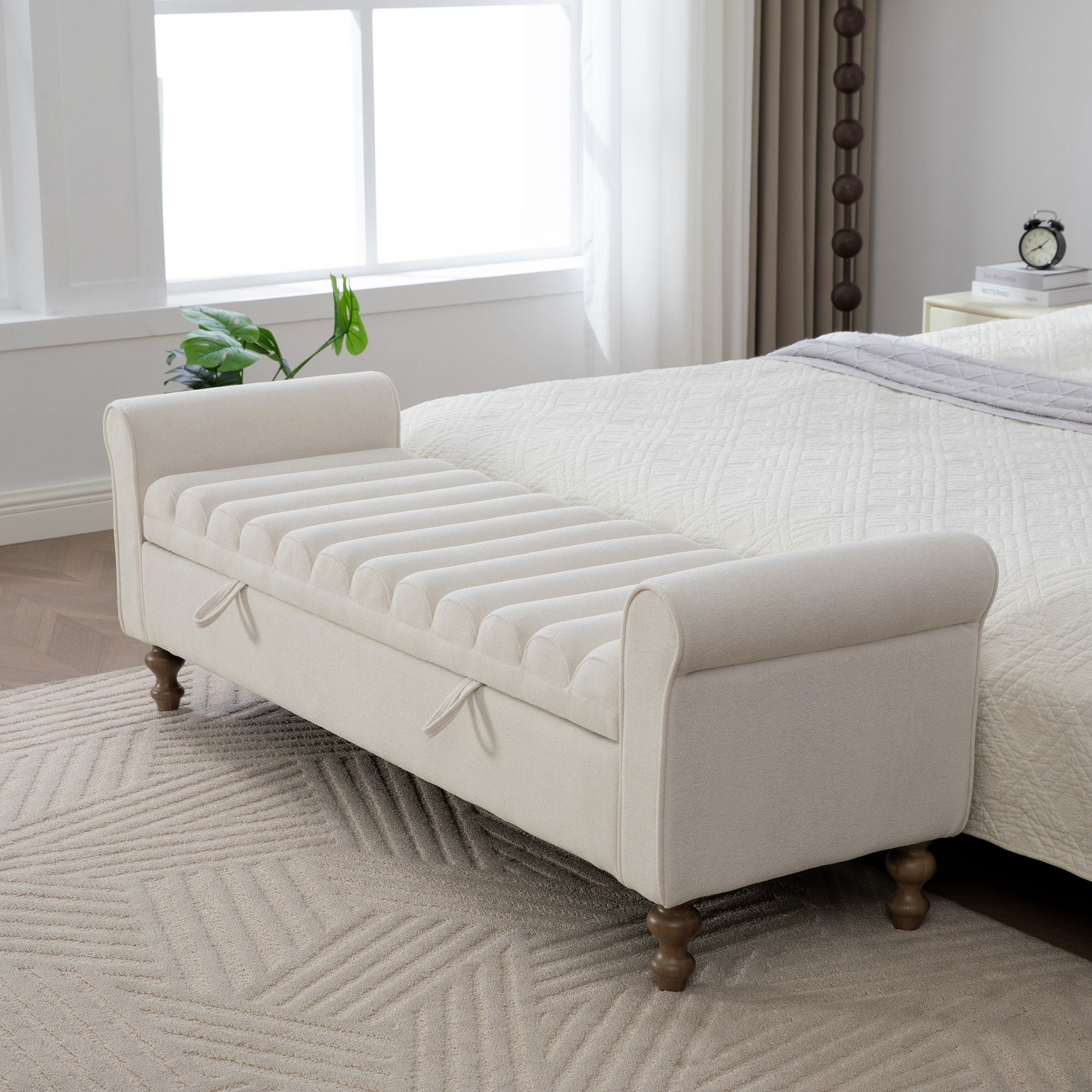 Wide Modern Upholstered Storage Bench With Rolled Armrest
