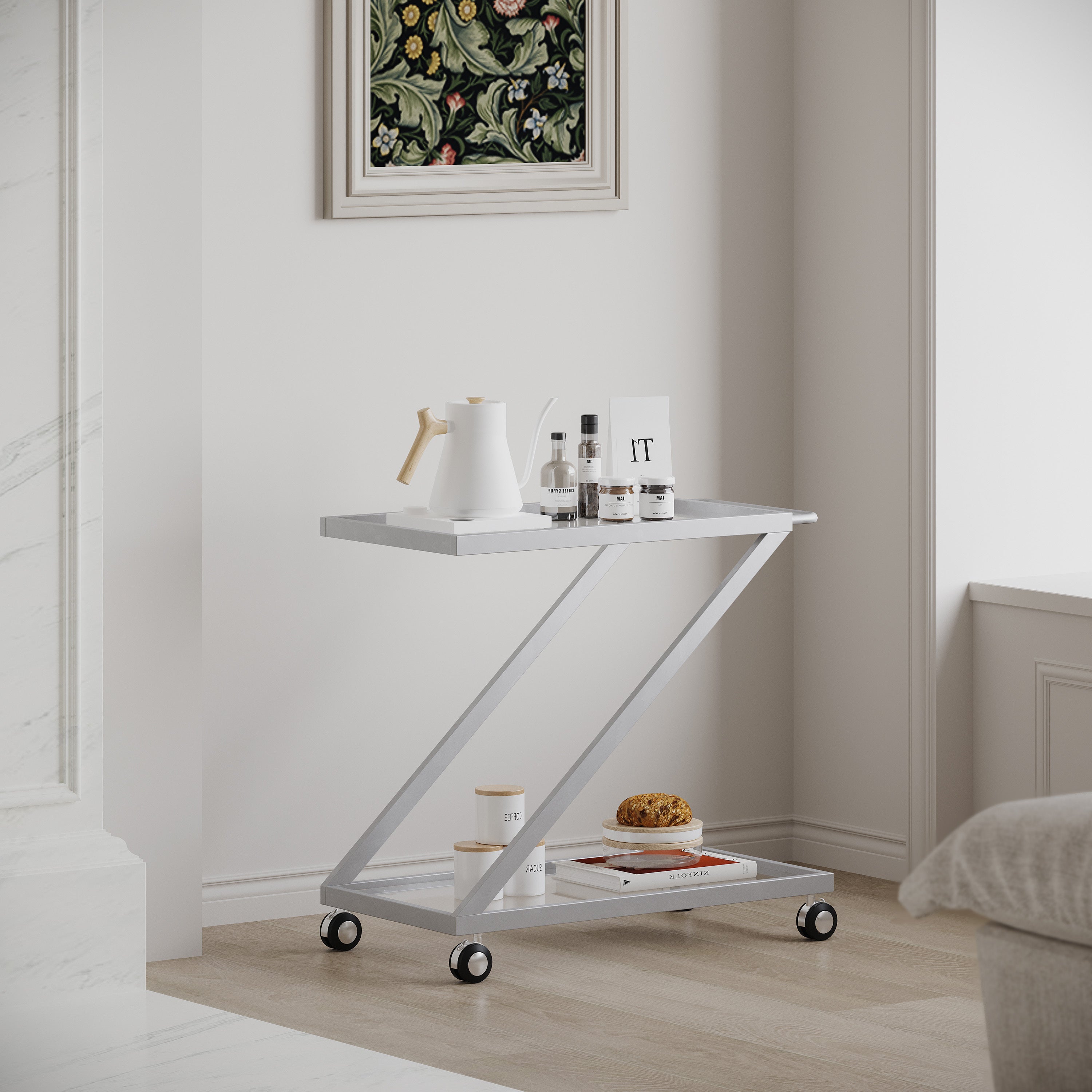 Modern Z-Shaped Bar Cart with Tempered Glass Shelves